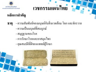 ธาตุ - ความสัมพันธ์ของมนุษย์กับสิ่งแวดล้อม โลก และจักรวาล
- ความเป็นมนุษย์ที่สมบูรณ์
- สมุฏฐานของโรค
- การรักษาโรคและยาสมุนไพร
- คุณสมบัติที่ดีของแพทย์ผู้รักษา
หลักการสาคัญ
เวชกรรมแผนไทย
 