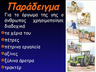 Παράδειγμα
Παράδειγμα
Για το όργωμα της γης ο
άνθρωπος χρησιμοποίησε
διαδοχικά
τα χέρια του
πέτρες
πέτρινα εργαλεία
αξίνες
ξύλινα άροτρα
τρακτέρ
 