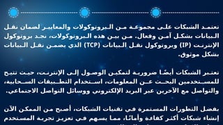 ‫ل‬ ‫نق‬ ‫لضمان‬ ‫ر‬ ‫والمعايي‬ ‫بروتوكوالت‬ ‫ال‬ ‫ن‬ ‫م‬ ‫ة‬ ‫مجموع‬ ‫ى‬ ‫عل‬ ‫الشبكات‬ ‫د‬ ‫تعتم‬
‫بروتوكول‬ ‫د‬ ‫نج‬ ،‫بروتوكوالت‬ ‫ال‬ ‫هذه‬ ‫ن‬ ‫بي‬ ‫ن‬ ‫م‬ .‫وفعال‬ ‫ن‬ ‫آم‬ ‫ل‬ ‫بشك‬ ‫بيانات‬ ‫ال‬
( ‫ت‬ ‫اإلنترن‬
IP
( ‫بيانات‬ ‫ال‬ ‫ل‬ ‫نق‬ ‫وبروتوكول‬ )
TCP
‫بيانات‬ ‫ال‬ ‫ل‬ ‫نق‬ ‫ن‬ ‫يضم‬ ‫الذي‬ )
.‫موثوق‬ ‫بشكل‬
‫ح‬ ‫تتي‬ ‫ث‬ ‫حي‬ ،‫ت‬ ‫اإلنترن‬ ‫ى‬ ‫إل‬ ‫ول‬ ‫الوص‬ ‫ن‬ ‫لتمكي‬ ‫ة‬ ‫ضروري‬ ‫ا‬ ً‫ض‬‫أي‬ ‫الشبكات‬ ‫بر‬ ‫تعت‬
،‫حابية‬ ‫الس‬ ‫بيقات‬ ‫التط‬ ‫تخدام‬ ‫اس‬ ،‫المعلومات‬ ‫ن‬ ‫ع‬ ‫ث‬ ‫البح‬ ‫تخدمين‬ ‫للمس‬
.‫االجتماعي‬ ‫التواصل‬ ‫ووسائل‬ ‫اإللكتروني‬ ‫البريد‬ ‫عبر‬ ‫اآلخرين‬ ‫مع‬ ‫والتواصل‬
‫ن‬‫اآل‬ ‫ن‬‫الممك‬ ‫ن‬‫م‬ ‫بح‬‫أص‬ ،‫الشبكات‬ ‫تقنيات‬ ‫ي‬ ‫ف‬ ‫تمرة‬‫المس‬ ‫التطورات‬ ‫ل‬‫بفض‬
‫تخدم‬ ‫المس‬ ‫ة‬ ‫تجرب‬ ‫ز‬ ‫تعزي‬ ‫ي‬ ‫ف‬ ‫هم‬ ‫يس‬ ‫ا‬ ‫مم‬ ،‫ا‬ ً‫ن‬‫وأما‬ ‫ة‬ ‫كفاء‬ ‫ر‬ ‫أكث‬ ‫شبكات‬ ‫إنشاء‬
 