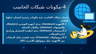 4
‫الحاسب‬ ‫شبكات‬ ‫مكونات‬-
‫ا‬ ‫عمله‬ ‫لضمان‬ ‫ية‬ ‫رئيس‬ ‫مكونات‬ ‫عدة‬ ‫ب‬ ‫الحاس‬ ‫شبكات‬ ‫ل‬ ‫تشم‬
:‫بكفاءة‬
.1
( ‫األجهزة‬
Hardware
( ‫ه‬ ‫التوجي‬ ‫أجهزة‬ ‫ل‬ ‫مث‬ :)
Routers
،)
( ‫والموجهات‬
Switches
.‫الشبكة‬ ‫وكابالت‬ ،)
.2
( ‫برمجيات‬ ‫ال‬
Software
‫ج‬ ‫وبرام‬ ‫ل‬ ‫التشغي‬ ‫ة‬ ‫أنظم‬ ‫ل‬ ‫مث‬ :)
.‫الشبكات‬ ‫إدارة‬
.3
( ‫بروتوكوالت‬ ‫ال‬
Protocols
‫بيانات‬ ‫ال‬ ‫تبادل‬ ‫ة‬ ‫كيفي‬ ‫تحدد‬ :)
( ‫اإلنترنت‬ ‫بروتوكول‬ ‫مثل‬ ،‫األجهزة‬ ‫بين‬
IP
.)
 
