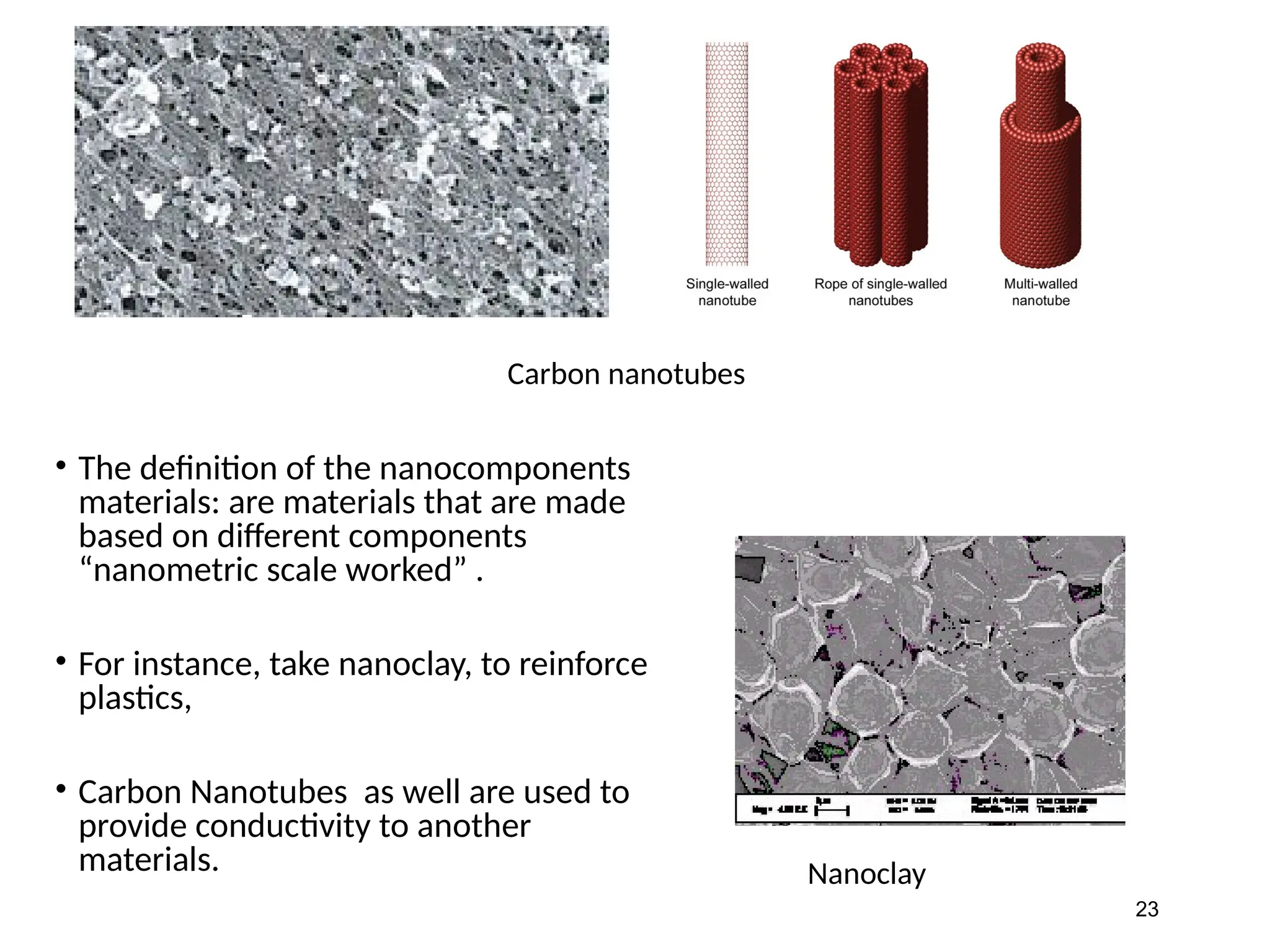 • The definition of the nanocomponents
materials: are materials that are made
based on different components
“nanometric scale worked” .
• For instance, take nanoclay, to reinforce
plastics,
• Carbon Nanotubes as well are used to
provide conductivity to another
materials.
Carbon nanotubes
Nanoclay
23
 
