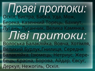Оскіл, Бистра, Бабка, Уда, Мож,
Берека, Казенний Торець, Бахмут,
Лугань, Луганчик, Велика Камянка.
Волоська Балаклійка, Вовча, Хотімля,
Великий Бурлук,Гнилиця, Середня
Балаклійка, Ізюмець, Нетриус, Жере-
бець, Красна, Борова, Айдар, Євсуг,
Деркул, Нежогіль, Оскіл.
 