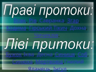 Вовк, Рів, Савранка, Згар,
Кодима, Гірський Тікич, Дохна,
Чичиклія.
Бужок, Іква, Десна, Синиця, Соб,
Синюха, Мертвовід,Гнилий
Яланець, Інгул.
 