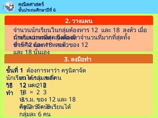 คณิตศาสตร์
ชั้นประถมศึกษาปีที่ 6
2. วางแผน
จำนวนนักเรียนในกลุ่มต้องหาร 12 และ 18 ลงตัว เมื่อ
กำหนดว่าแต่ละกลุ่มต้องมี
นักเรียนมากที่สุด จึงต้องหาจำนวนที่มากที่สุดทั้ง
หาร 12 และ 18 ลงตัว
ซึ่งก็คือ ต้องหา ห.ร.ม. ของ 12
และ 18 นั่นเอง
3. ลงมือทำ
ขั้นที่ 1 ต้องการหาว่า ครูนิดาจัด
นักเรียนได้กลุ่มละกี่คน
หา ห.ร.ม. ของ
12 และ 18
วิธี
ทำ
12 = 2 2
3
18 = 2 3
3
ห.ร.ม. ของ 12 และ 18
คือ 2 3 = 6
ครูนิดาจัดนักเรียนได้
กลุ่มละ 6 คน
 