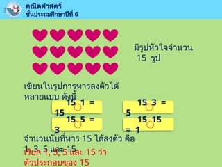 มีรูปหัวใจจำนวน
15 รูป
คณิตศาสตร์
ชั้นประถมศึกษาปีที่ 6
เขียนในรูปการหารลงตัวได้
หลายแบบ ดังนี้
15 1 =
15
15 3 =
5
15 5 =
3
15 15
= 1
จำนวนนับที่หาร 15 ได้ลงตัว คือ
1, 3, 5 และ 15
เรียก 1, 3, 5 และ 15 ว่า
ตัวประกอบของ 15
 