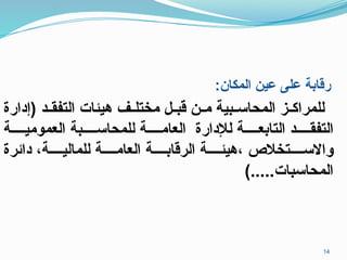 :‫المكان‬ ‫عين‬ ‫على‬ ‫رقابة‬
‫(إدارة‬ ‫ـد‬‫ـ‬‫التفق‬ ‫هيئات‬ ‫ـف‬‫ـ‬‫مختل‬ ‫ـل‬‫ـ‬‫قب‬ ‫ـن‬‫ـ‬‫م‬ ‫ـبية‬‫ـ‬‫المحاس‬ ‫ـز‬‫ـ‬‫للمراك‬
‫العموميــــة‬ ‫للمحاســــبة‬ ‫العامــــة‬ ‫لإلدارة‬ ‫التابعــــة‬ ‫التفقــــد‬
‫دائرة‬ ،‫للماليــــة‬ ‫العامــــة‬ ‫الرقابــــة‬ ‫هيئــــة‬، ‫واالســــتخالص‬
).....‫المحاسبات‬
14
 