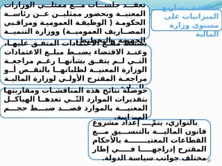 30
‫مشاريع‬ ‫مناقشة‬
‫على‬ ‫الميزانيات‬
‫وزارة‬ ‫مستوى‬
‫المالية‬
‫الوزارات‬ ‫ي‬MMM‫ممثل‬ ‫ع‬MMM‫م‬ ‫ات‬MMM‫جلس‬ ‫د‬MMM‫تعق‬
‫ة‬MM‫رئاس‬ ‫ن‬MM‫ع‬ ‫ن‬MM‫ممثلي‬ ‫وبحضور‬ ‫ة‬MM‫المعني‬
‫بي‬M‫ومراق‬ ‫ة‬M‫العمومي‬ ‫ة‬M‫الوظيف‬ ( ‫ة‬M‫الحكوم‬
‫ة‬MM‫التنمي‬ ‫ووزارة‬ )‫ة‬MM‫العمومي‬ ‫اريف‬MM‫المص‬
.‫والتخطيط‬ ‫الجهوية‬
،‫ا‬M
M‫عليه‬ ‫ق‬M
M‫المتف‬ ‫االعتمادات‬ ‫غ‬M
M‫مبل‬ ‫ط‬M
M‫يضب‬
‫االعتمادات‬ ‫غ‬MM‫مبل‬ ‫ط‬MM‫يضب‬ ‫االقتضاء‬ ‫د‬MM‫وعن‬
‫ة‬MM‫مراجع‬ ‫م‬MM‫رغ‬ ‫ا‬MM‫بشأنه‬ ‫ق‬MM‫يتف‬ ‫م‬MM‫ل‬ ‫ي‬MM‫الت‬
‫و‬MM‫أ‬ ‫ص‬MM‫بالنق‬ ‫ا‬MM‫لطلباته‬ ‫ة‬MM‫المعني‬ ‫الوزارة‬
‫ة‬M
M‫المالي‬ ‫لوزارة‬ ‫ي‬M
M‫األول‬ ‫المقترح‬ ‫ة‬M
M‫مراجع‬
.‫بالزيادة‬
‫ا‬M
‫ه‬‫ومقاربت‬ ‫المناقشـات‬ ‫هذه‬ ‫ج‬M
‫ئ‬‫نتا‬ ‫لة‬M
‫ص‬‫حو‬
‫ل‬MM‫الهياك‬ ‫ا‬MM‫تعده‬ ‫ي‬MMّ‫ت‬‫ال‬ ‫الموارد‬ ‫بتقديرات‬
‫م‬MMM‫حج‬ ‫ط‬MMM‫ضب‬ ‫د‬MMM‫قص‬ ‫بالموارد‬ ‫ة‬MMM‫المعني‬
.‫الميزانية‬
‫مشروع‬ ‫إعداد‬ ّ
MMMM‫يتم‬ ،‫بالتوازي‬
‫ع‬MMM‫م‬ ‫يق‬MMM‫بالتنس‬ ‫ة‬MMM‫المالي‬ ‫قانون‬
‫باألحكام‬ ‫ة‬MMMMMMMM‫المعني‬ ‫القطاعات‬
‫إطار‬ ‫ي‬MMMMM‫ف‬ ‫ا‬MMMMM‫جه‬M
‫ا‬‫إدر‬ ‫المقترح‬
‫الدولة‬ ‫سياسة‬ ‫جوانب‬ ‫مختلف‬
.
 