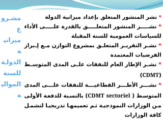 49
‫رو‬M‫مش‬
‫ع‬
‫ميزاني‬
‫ة‬
‫ة‬M‫الدول‬
‫للسنة‬
‫الموالي‬
‫ة‬
*
‫الدولة‬ ‫ميزانية‬ ‫بإعداد‬ ‫المتعلق‬ ‫المنشور‬ ‫نشر‬
*
‫األداء‬ ‫ى‬MMMMM‫عل‬ ‫بالقدرة‬ ‫ق‬MMMMM‫المتعل‬ ‫المنشور‬ ‫ر‬MMMMM‫نش‬
‫المقبلة‬ ‫للسنة‬ ‫العمومية‬ ‫للسياسات‬
*
‫براز‬M
M‫إ‬ ‫ع‬M
M‫م‬ ‫التوازن‬ ‫بمشروع‬ ‫ق‬M
M‫المتعل‬ ‫ر‬M
M‫التقري‬ ‫ر‬M
M‫نش‬
‫المعتمدة‬ ‫الفرضيات‬
*
‫ط‬M
M‫المتوس‬ ‫المدى‬ ‫ى‬M
M‫عل‬ ‫للنفقات‬ ‫العام‬ ‫اإلطار‬ ‫ر‬M
M‫نش‬
(
CDMT
)
*
‫المدى‬ ‫ى‬MMMM‫عل‬ ‫للنفقات‬ ‫ة‬MMMM‫القطاعي‬ ‫ر‬MMMM‫األط‬ ‫ر‬MMMM‫نش‬
( ‫ط‬M
‫المتوس‬
CDMT sectoriel
‫ى‬M
‫األول‬ ‫ة‬M
‫للدفع‬ ‫بة‬M
‫بالنس‬ )
‫ل‬M‫لتشم‬ ‫ا‬M‫تدريجي‬ ‫ا‬M‫تعميمه‬ ‫م‬M‫ث‬ ‫ة‬M‫النموذجي‬ ‫الوزارات‬ ‫ن‬M‫م‬
‫الوزارات‬ ‫كافة‬
 