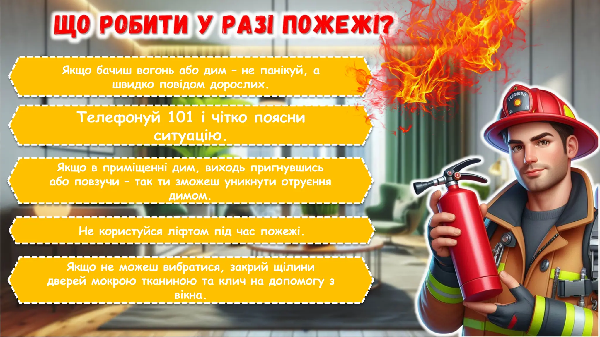 Якщо бачиш вогонь або дим – не панікуй, а
швидко повідом дорослих.
Телефонуй 101 і чітко поясни
ситуацію.
Якщо в приміщенні дим, виходь пригнувшись
або повзучи – так ти зможеш уникнути отруєння
димом.
Не користуйся ліфтом під час пожежі.
Якщо не можеш вибратися, закрий щілини
дверей мокрою тканиною та клич на допомогу з
вікна.
 