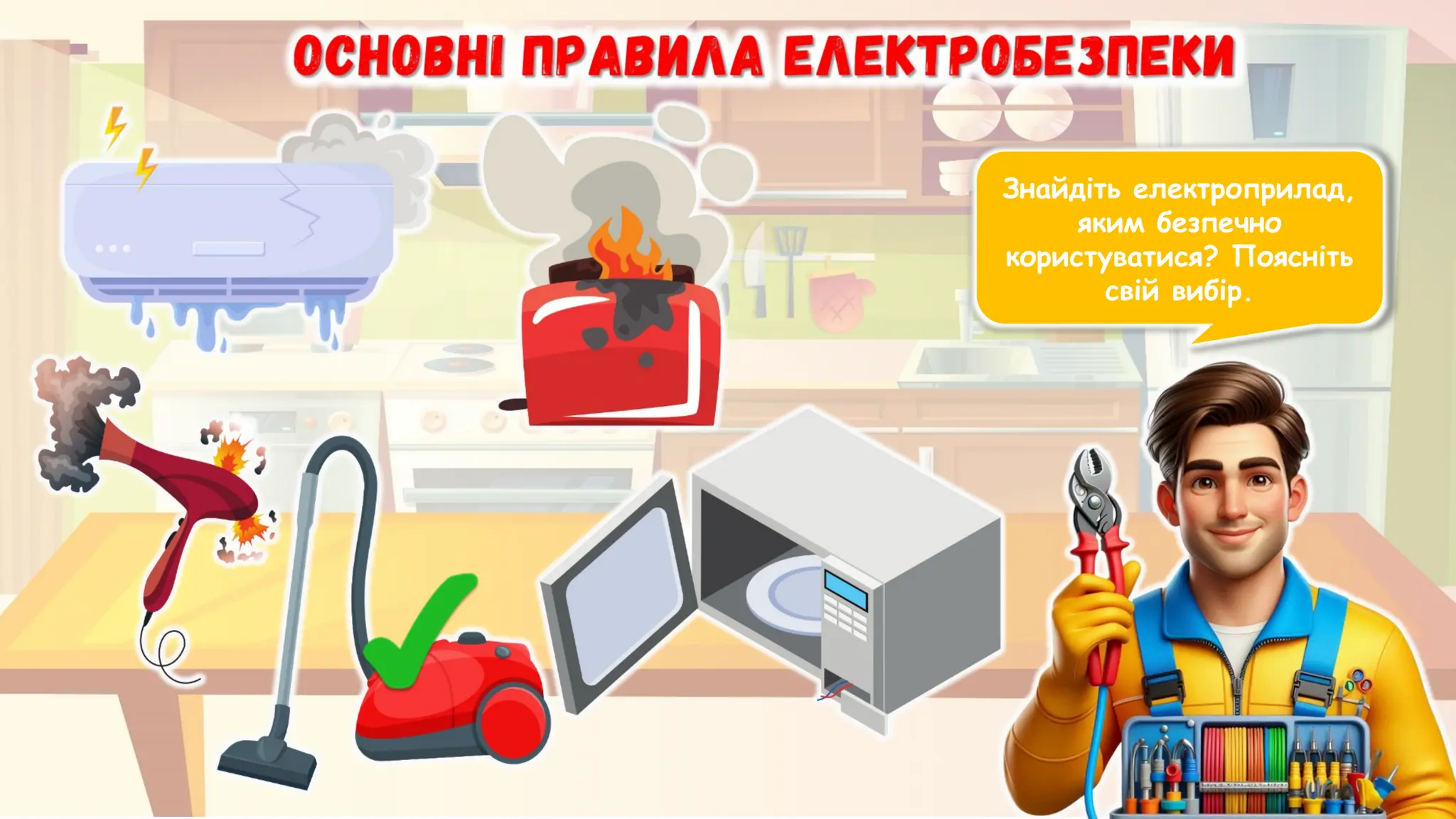 Знайдіть електроприлад,
яким безпечно
користуватися? Поясніть
свій вибір.
 