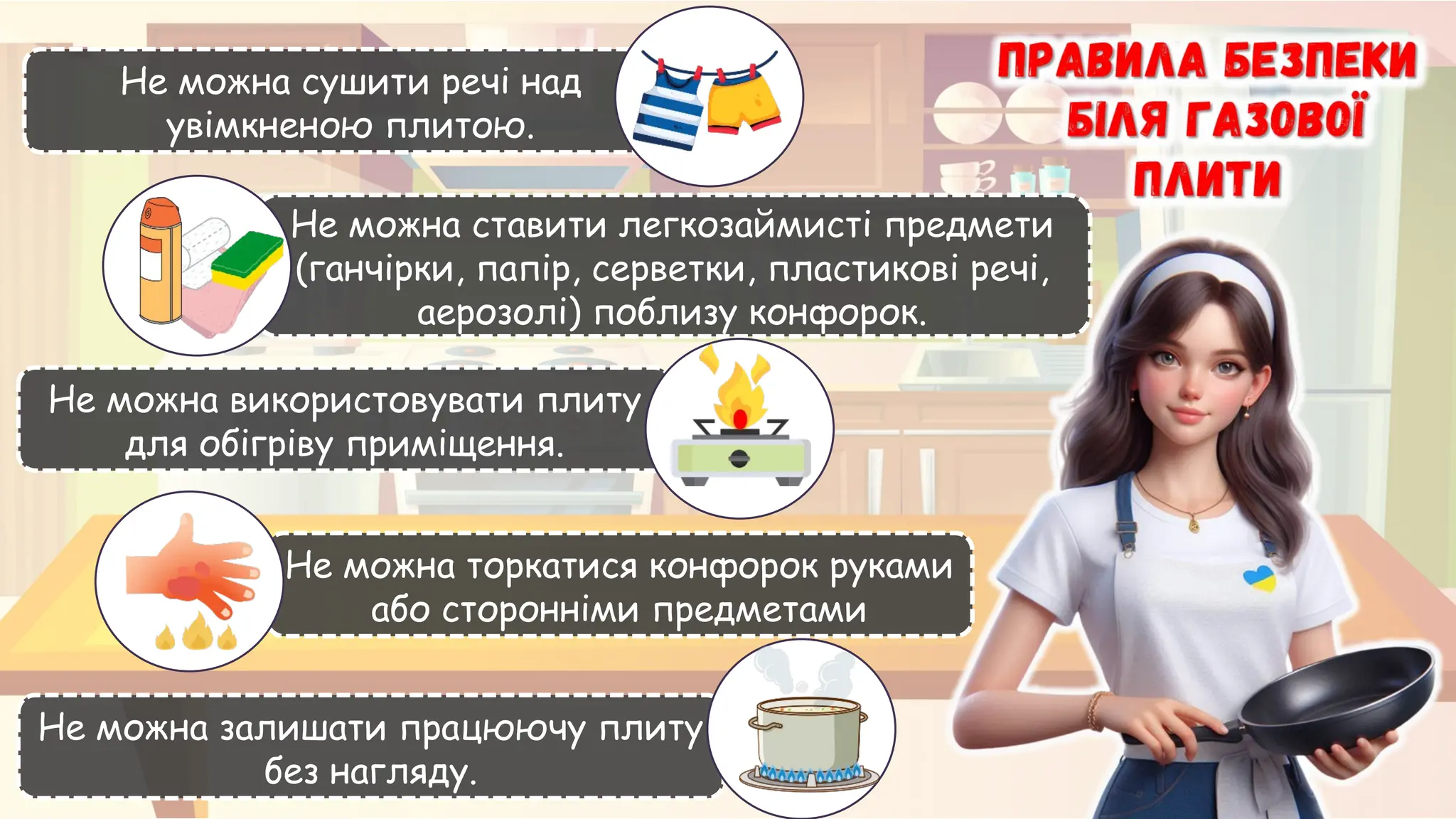 Не можна сушити речі над
увімкненою плитою.
Не можна ставити легкозаймисті предмети
(ганчірки, папір, серветки, пластикові речі,
аерозолі) поблизу конфорок.
Не можна використовувати плиту
для обігріву приміщення.
Не можна торкатися конфорок руками
або сторонніми предметами
Не можна залишати працюючу плиту
без нагляду.
 