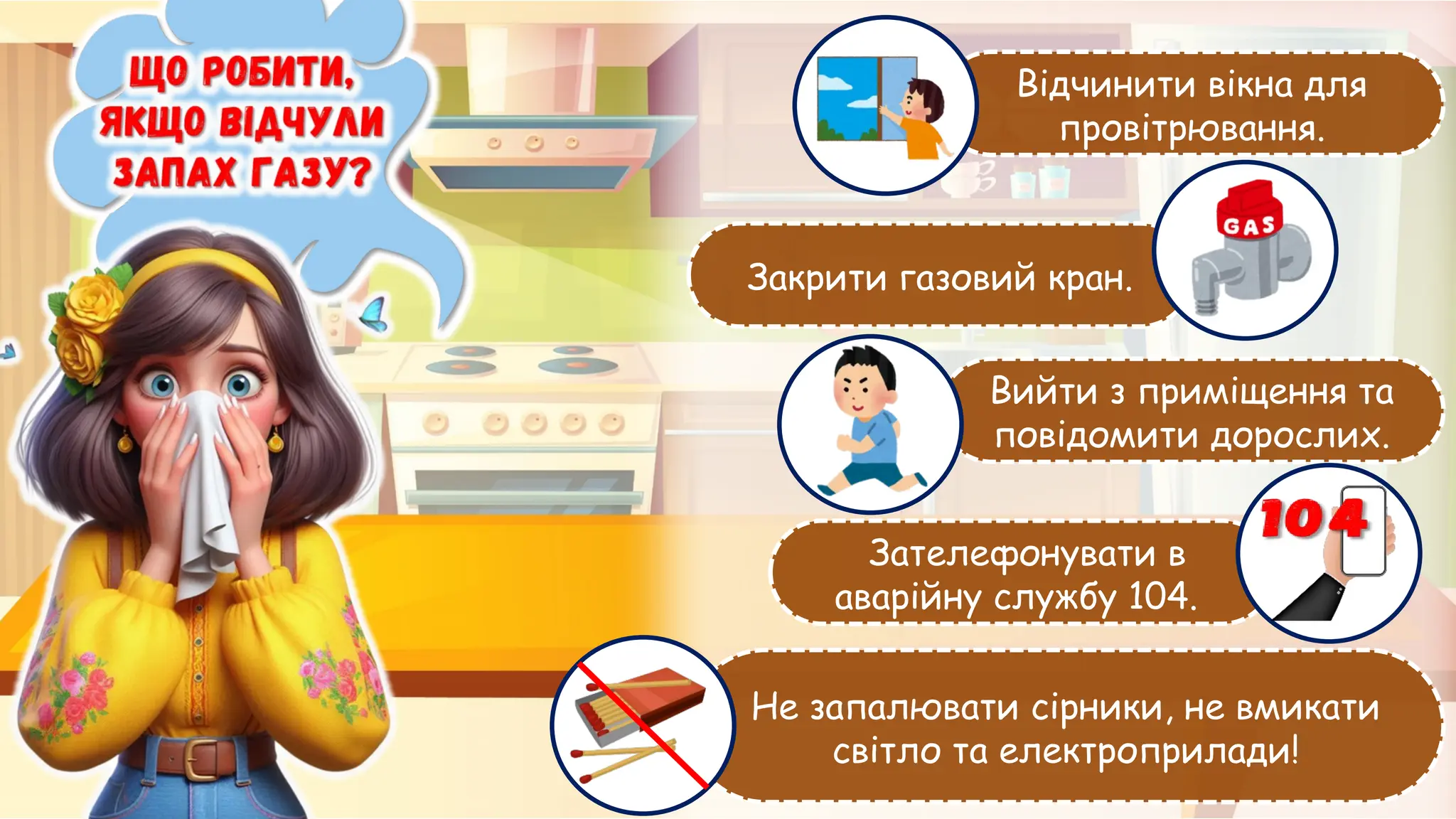 Відчинити вікна для
провітрювання.
Закрити газовий кран.
Вийти з приміщення та
повідомити дорослих.
Зателефонувати в
аварійну службу 104.
Не запалювати сірники, не вмикати
світло та електроприлади!
 