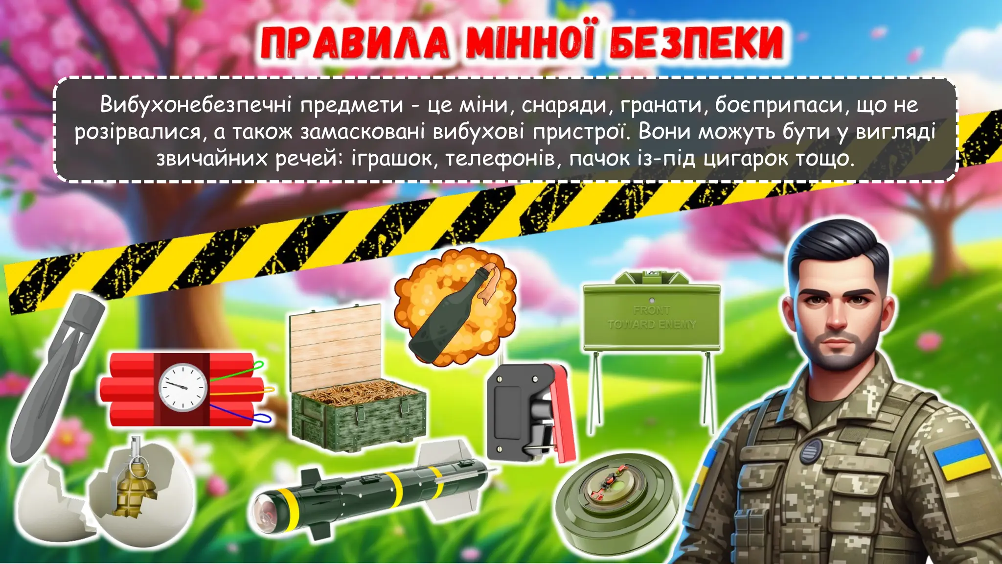 Вибухонебезпечні предмети - це міни, снаряди, гранати, боєприпаси, що не
розірвалися, а також замасковані вибухові пристрої. Вони можуть бути у вигляді
звичайних речей: іграшок, телефонів, пачок із-під цигарок тощо.
 