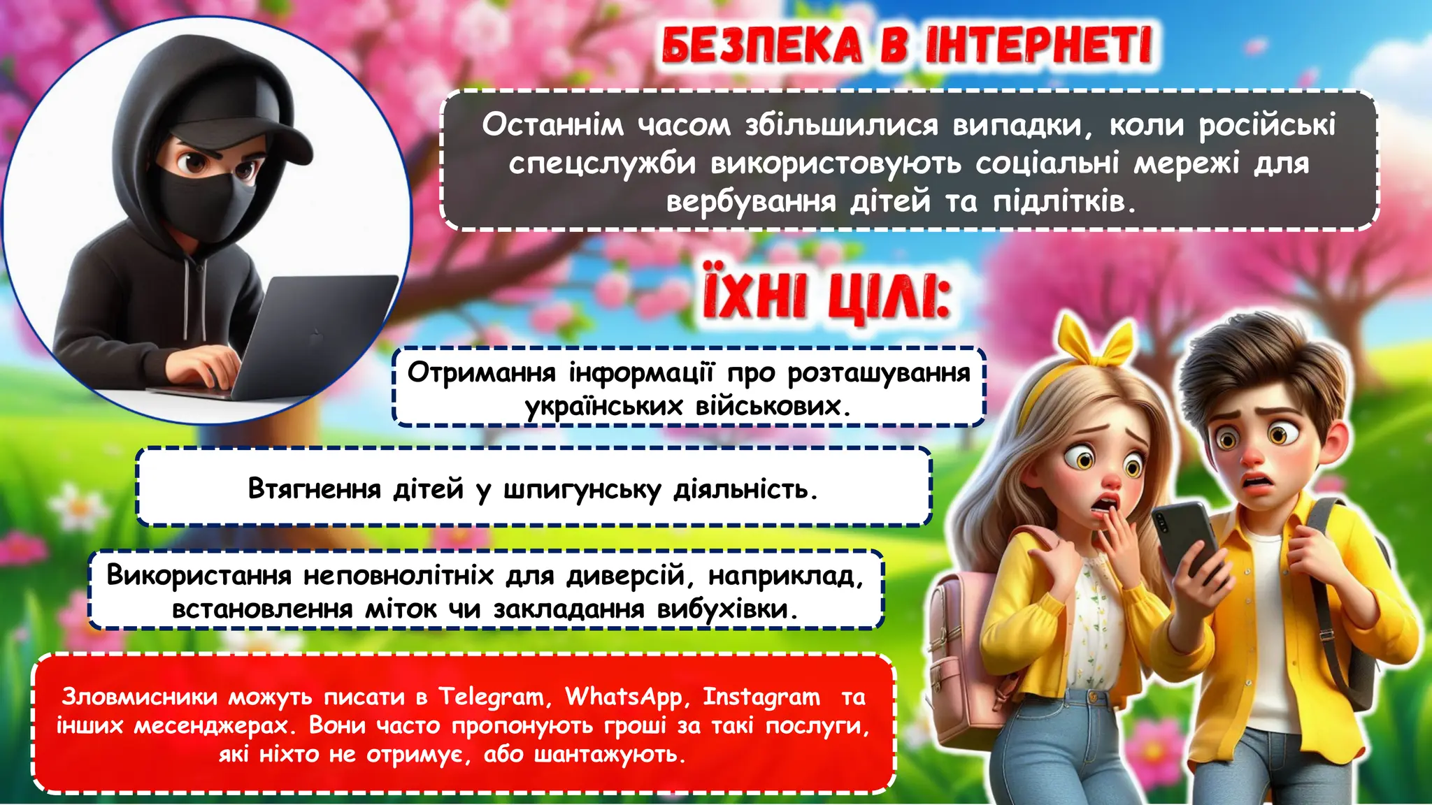 Останнім часом збільшилися випадки, коли російські
спецслужби використовують соціальні мережі для
вербування дітей та підлітків.
Отримання інформації про розташування
українських військових.
Втягнення дітей у шпигунську діяльність.
Використання неповнолітніх для диверсій, наприклад,
встановлення міток чи закладання вибухівки.
Зловмисники можуть писати в Telegram, WhatsApp, Instagram та
інших месенджерах. Вони часто пропонують гроші за такі послуги,
які ніхто не отримує, або шантажують.
 