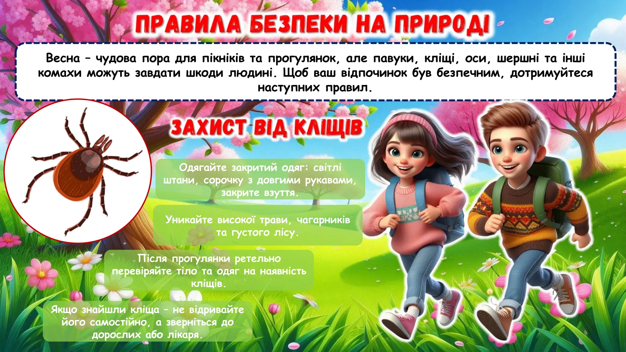 Весна – чудова пора для пікніків та прогулянок, але павуки, кліщі, оси, шершні та інші
комахи можуть завдати шкоди людині. Щоб ваш відпочинок був безпечним, дотримуйтеся
наступних правил.
Одягайте закритий одяг: світлі
штани, сорочку з довгими рукавами,
закрите взуття.
Уникайте високої трави, чагарників
та густого лісу.
Після прогулянки ретельно
перевіряйте тіло та одяг на наявність
кліщів.
Якщо знайшли кліща – не відривайте
його самостійно, а зверніться до
дорослих або лікаря.
 