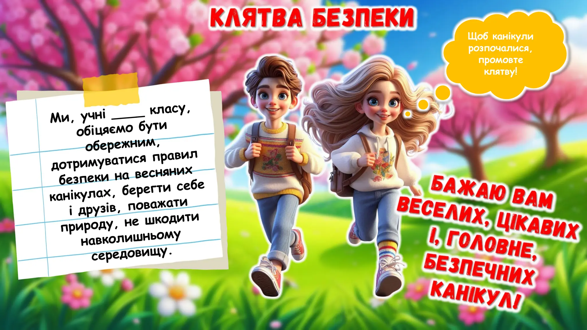 Щоб канікули
розпочалися,
промовте
клятву!
Ми, учні ____ класу,
обіцяємо бути
обережним,
дотримуватися правил
безпеки на весняних
канікулах, берегти себе
і друзів, поважати
природу, не шкодити
навколишньому
середовищу.
 