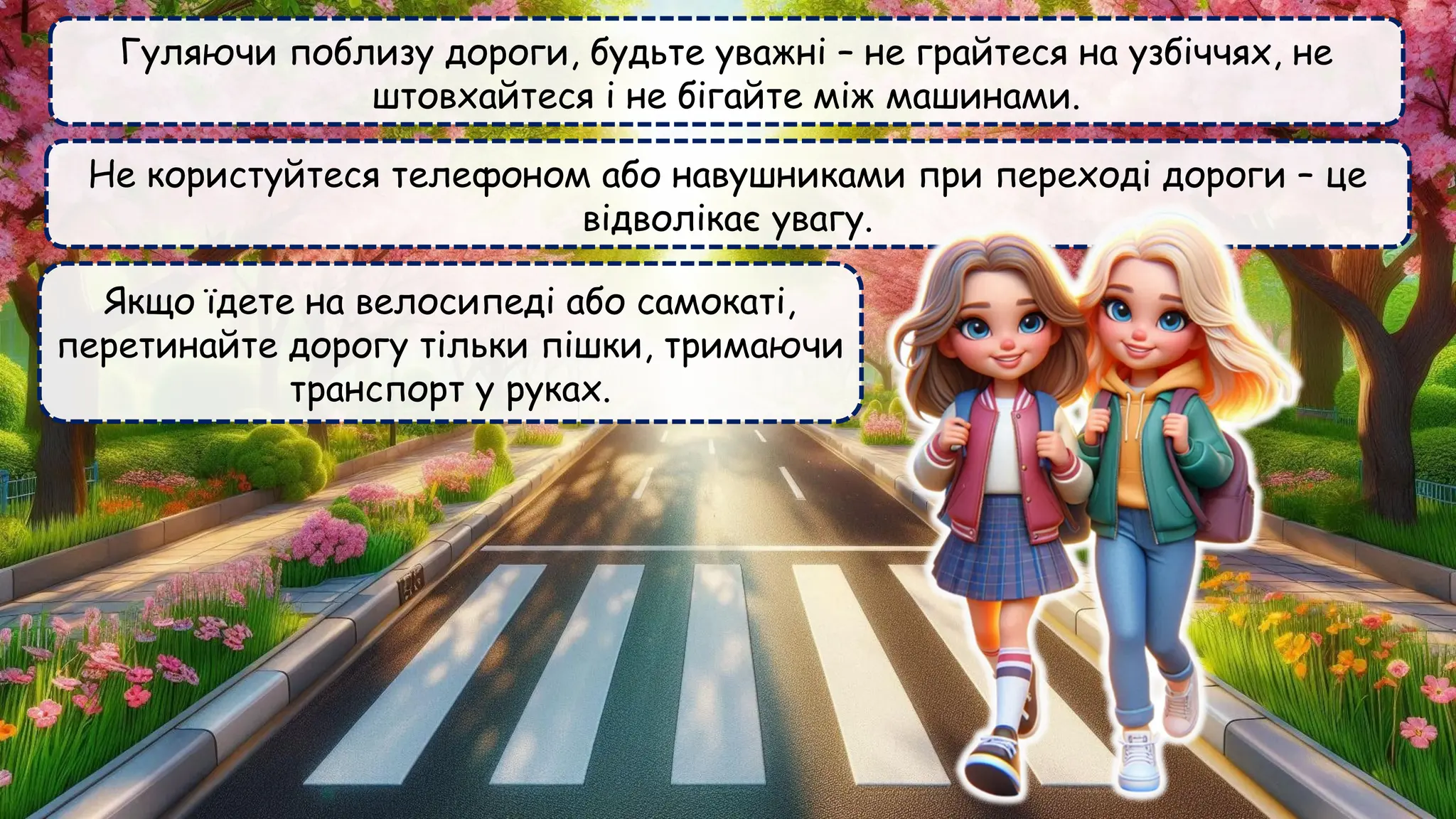 Гуляючи поблизу дороги, будьте уважні – не грайтеся на узбіччях, не
штовхайтеся і не бігайте між машинами.
Не користуйтеся телефоном або навушниками при переході дороги – це
відволікає увагу.
Якщо їдете на велосипеді або самокаті,
перетинайте дорогу тільки пішки, тримаючи
транспорт у руках.
 