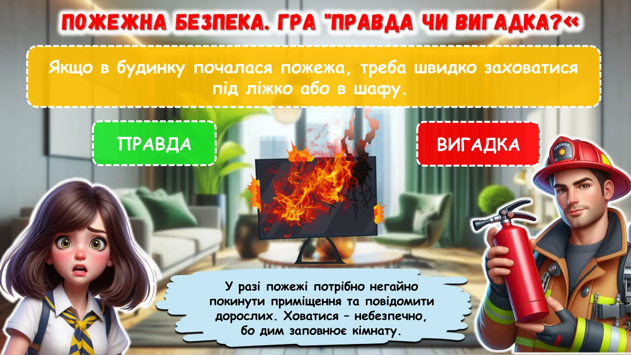 Якщо в будинку почалася пожежа, треба швидко заховатися
під ліжко або в шафу.
ПРАВДА ВИГАДКА
У разі пожежі потрібно негайно
покинути приміщення та повідомити
дорослих. Ховатися – небезпечно,
бо дим заповнює кімнату.
 