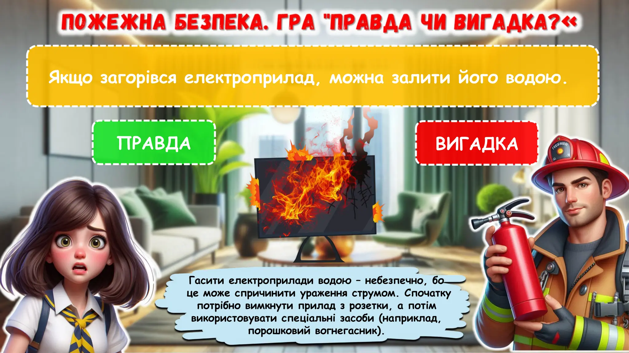 Якщо загорівся електроприлад, можна залити його водою.
ПРАВДА ВИГАДКА
Гасити електроприлади водою – небезпечно, бо
це може спричинити ураження струмом. Спочатку
потрібно вимкнути прилад з розетки, а потім
використовувати спеціальні засоби (наприклад,
порошковий вогнегасник).
 