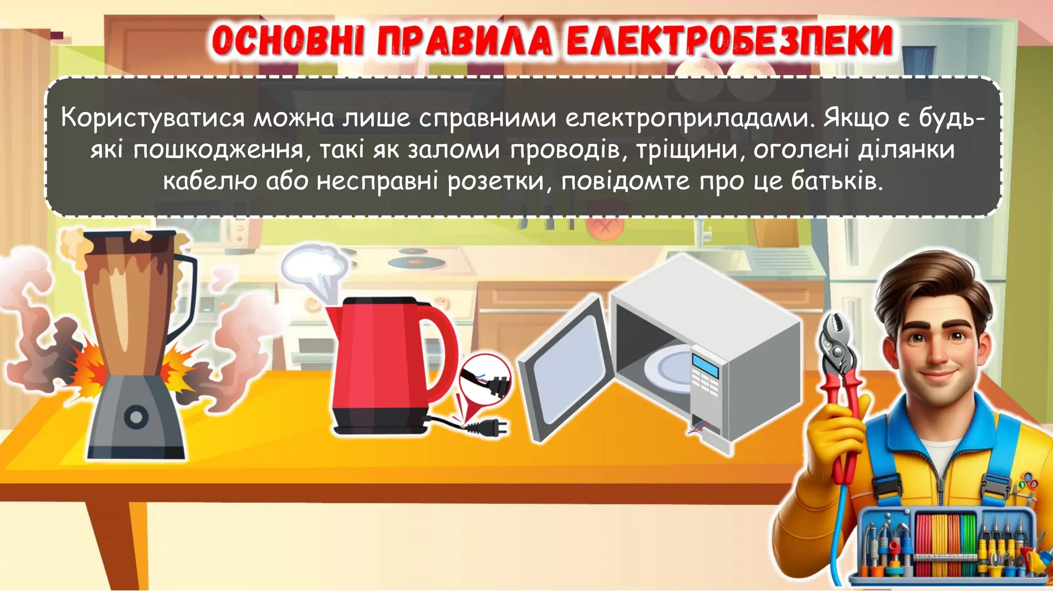 Користуватися можна лише справними електроприладами. Якщо є будь-
які пошкодження, такі як заломи проводів, тріщини, оголені ділянки
кабелю або несправні розетки, повідомте про це батьків.
 