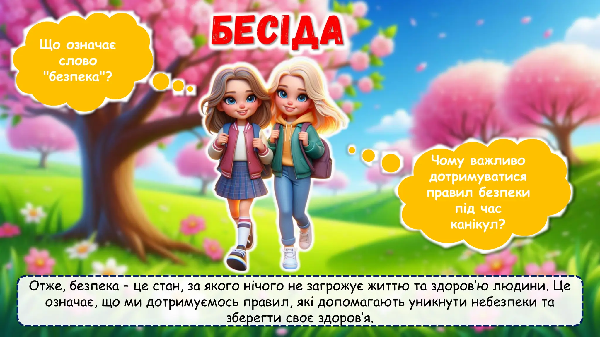 Отже, безпека – це стан, за якого нічого не загрожує життю та здоров’ю людини. Це
означає, що ми дотримуємось правил, які допомагають уникнути небезпеки та
зберегти своє здоров’я.
Що означає
слово
"безпека"?
Чому важливо
дотримуватися
правил безпеки
під час
канікул?
 