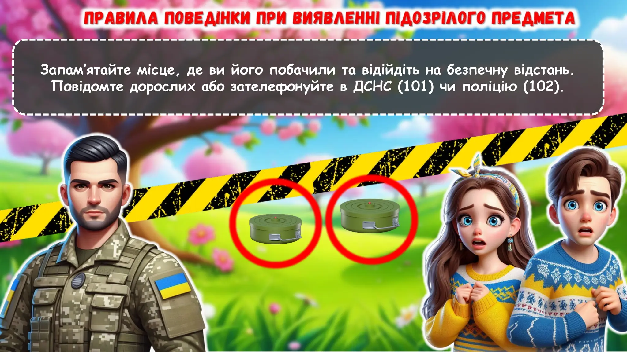 Запам’ятайте місце, де ви його побачили та відійдіть на безпечну відстань.
Повідомте дорослих або зателефонуйте в ДСНС (101) чи поліцію (102).
 