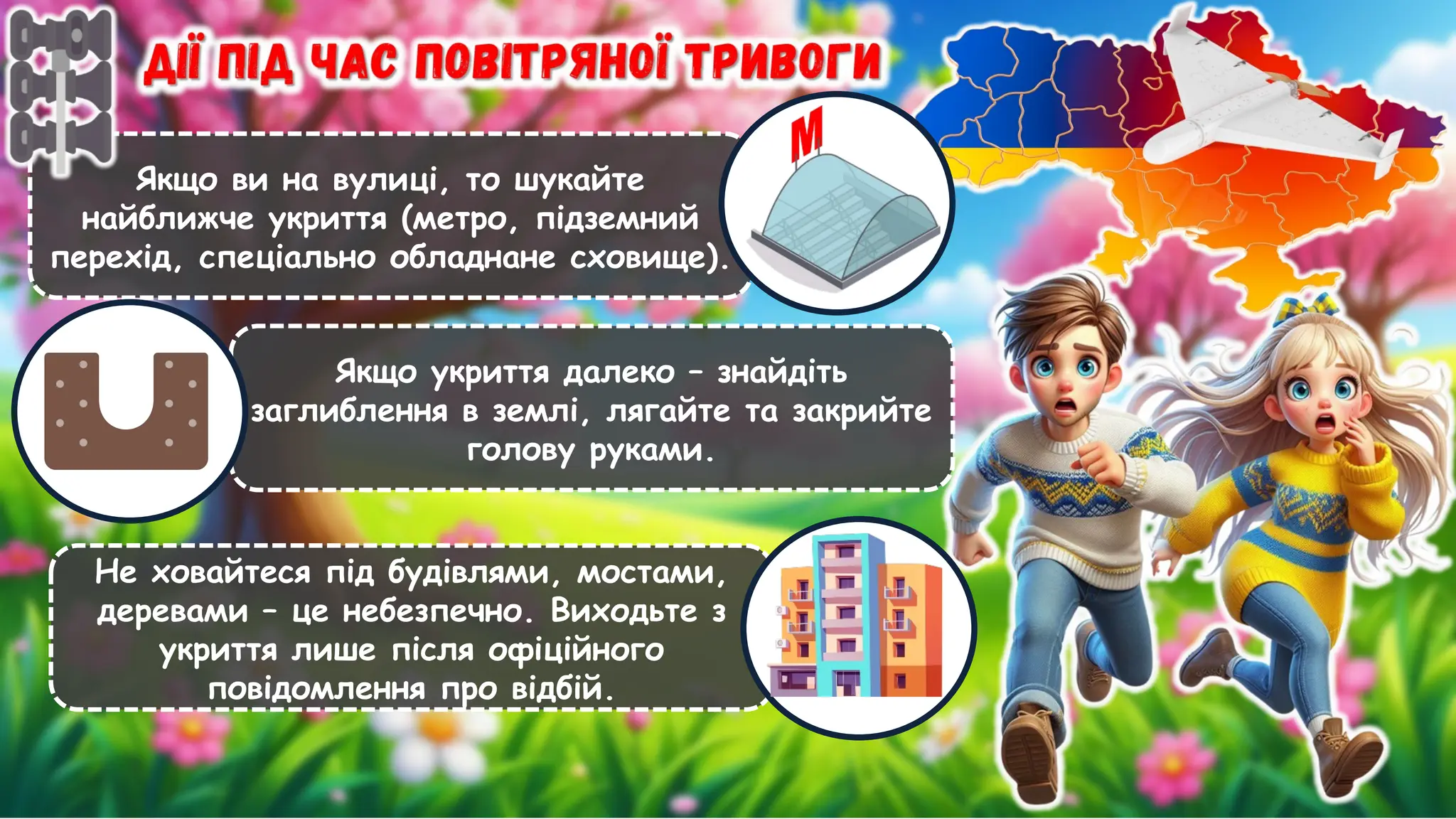 Якщо ви на вулиці, то шукайте
найближче укриття (метро, підземний
перехід, спеціально обладнане сховище).
Якщо укриття далеко – знайдіть
заглиблення в землі, лягайте та закрийте
голову руками.
Не ховайтеся під будівлями, мостами,
деревами – це небезпечно. Виходьте з
укриття лише після офіційного
повідомлення про відбій.
 