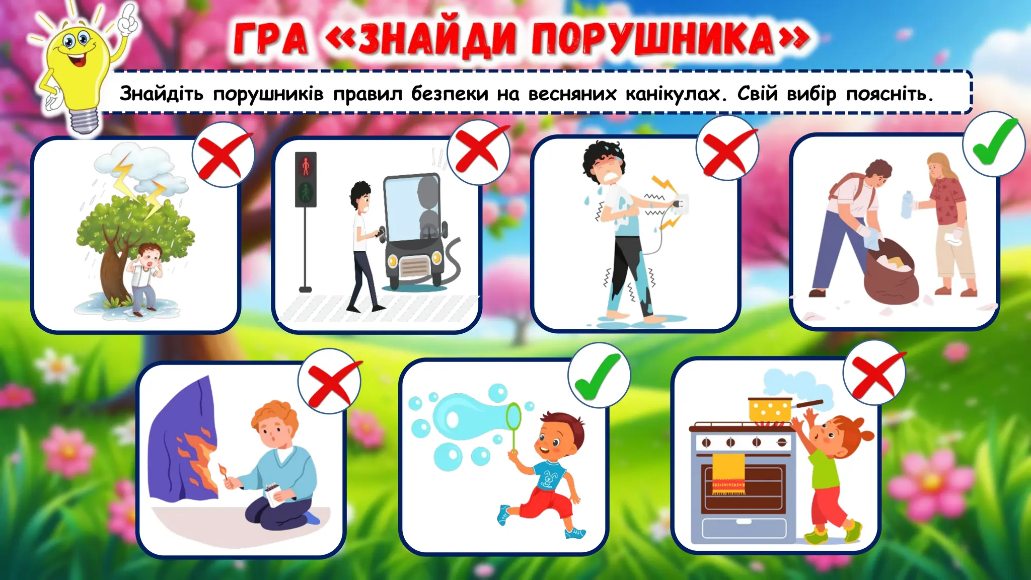Знайдіть порушників правил безпеки на весняних канікулах. Свій вибір поясніть.
 