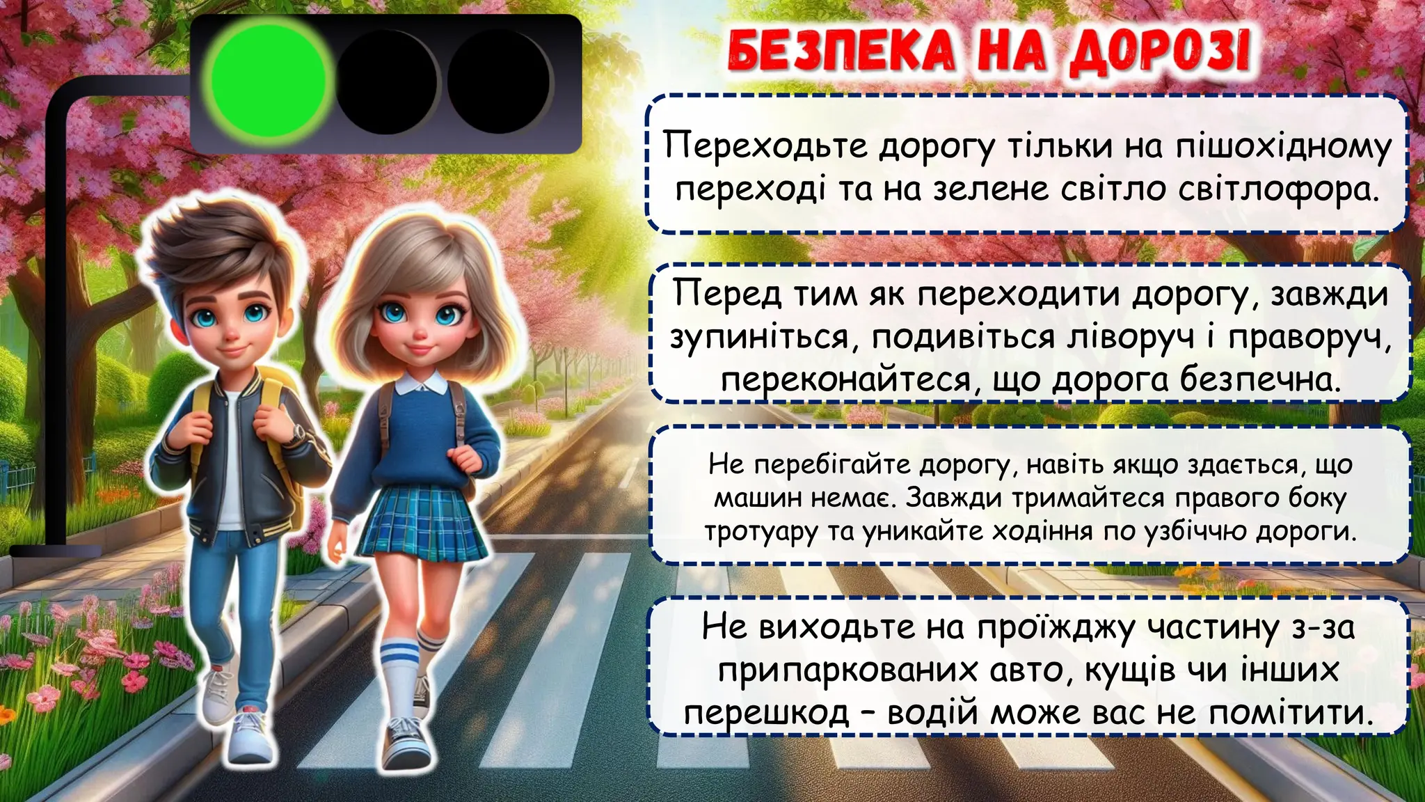 Переходьте дорогу тільки на пішохідному
переході та на зелене світло світлофора.
Перед тим як переходити дорогу, завжди
зупиніться, подивіться ліворуч і праворуч,
переконайтеся, що дорога безпечна.
Не перебігайте дорогу, навіть якщо здається, що
машин немає. Завжди тримайтеся правого боку
тротуару та уникайте ходіння по узбіччю дороги.
Не виходьте на проїжджу частину з-за
припаркованих авто, кущів чи інших
перешкод – водій може вас не помітити.
 