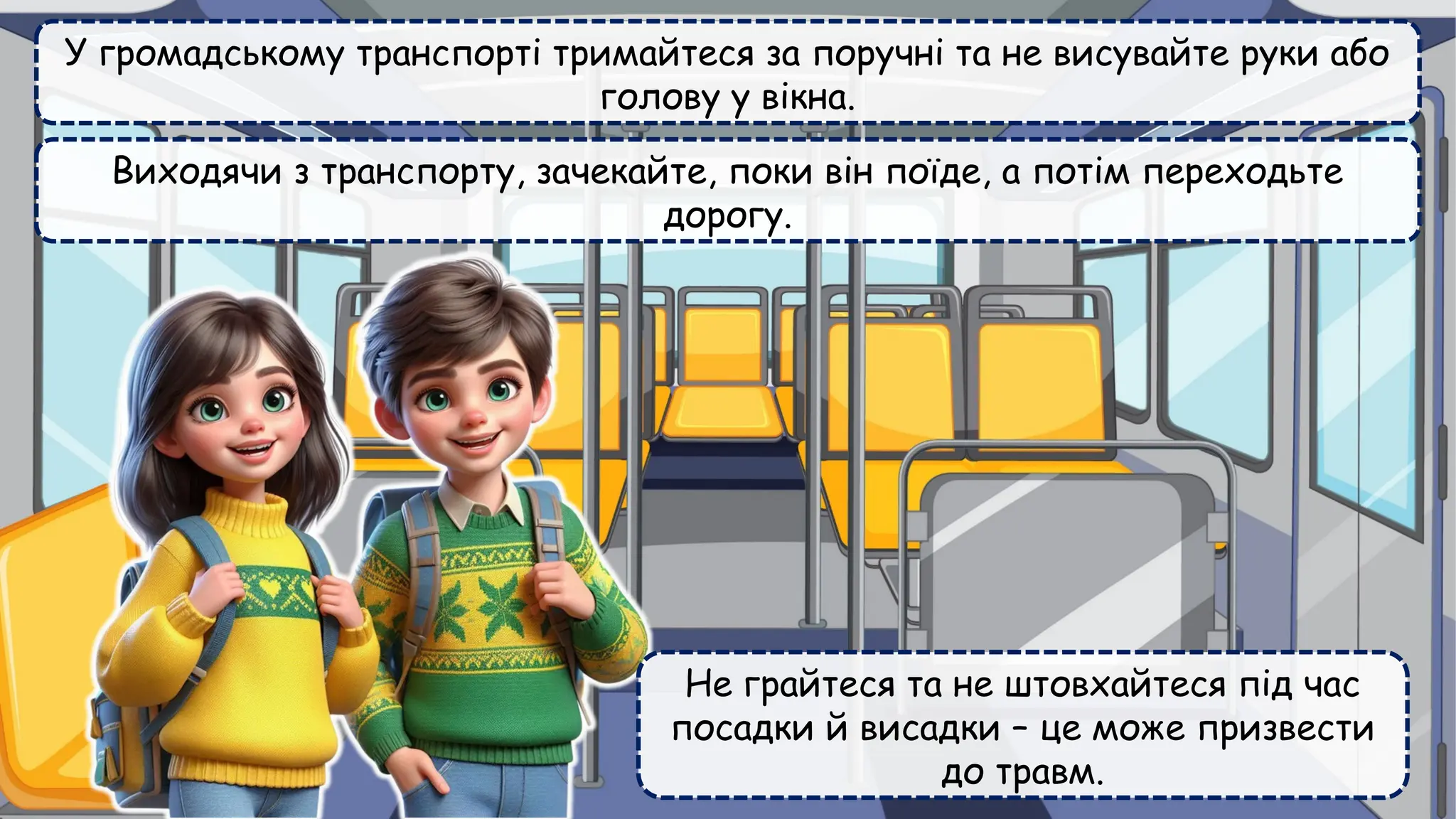 У громадському транспорті тримайтеся за поручні та не висувайте руки або
голову у вікна.
Виходячи з транспорту, зачекайте, поки він поїде, а потім переходьте
дорогу.
Не грайтеся та не штовхайтеся під час
посадки й висадки – це може призвести
до травм.
 