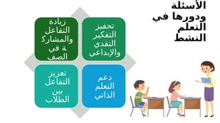 ‫األسئلة‬
‫في‬ ‫ودورها‬
‫التعلم‬
‫النشط‬
‫زيادة‬
‫التفاعل‬
‫والمشارك‬
‫في‬ ‫ة‬
‫الصف‬
‫تحفيز‬
‫التفكير‬
‫النقدي‬
‫واإلبداعي‬
‫تعزيز‬
‫التفاعل‬
‫بين‬
‫الطالب‬
‫دعم‬
‫التعلم‬
‫الذاتي‬
 