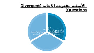 ‫اإلجابة‬ ‫مفتوحة‬ ‫األسئلة‬
(
Divergent
Questions
)
‫التعريف‬:
‫حلول‬ ‫وتقبل‬ ‫اإلبداعي‬ ‫التفكير‬ ‫تشجع‬ ‫أسئلة‬
‫صحيحة‬ ‫واحدة‬ ‫إجابة‬ ‫دون‬ ‫متعددة‬.
‫األمثلة‬:
"" " – "
‫الموقف؟‬ ‫تغير‬ ‫لو‬ ‫ماذا‬ ‫النظام؟‬ ‫نحسن‬ ‫كيف‬
" –
‫االقتراح؟‬ ‫في‬ ‫رأيك‬ ‫ما‬ "
‫الهدف‬:
،‫ـرفة‬
‫ع‬‫الم‬ ‫آفاق‬ ‫توسيع‬ ،‫النقدي‬ ‫التفكير‬ ‫تنمية‬
‫الشخصي‬ ‫والتعبير‬ ‫النقاش‬ ‫وتحفيز‬.
 