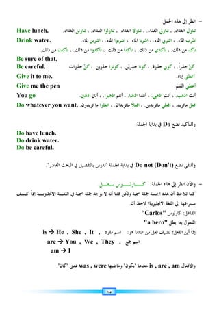 ١٥
-
‫ﻫﺬﻩ‬ ‫ﺇﱃ‬ ‫ﺍﻧﻈﺮ‬
‫ﺍﳉﻤﻞ‬
:
Have lunch. ‫ﺗﻨﺎﻭﻝ‬
‫ﺍﻟﻐﺪﺍﺀ‬
.
،
‫ﺗﻨﺎﻭﱄ‬
‫ﺍﻟﻐﺪﺍﺀ‬
.
،
‫ﺗﻨﺎﻭﻻ‬
‫ﺍﻟﻐﺪﺍﺀ‬
.
،
‫ﺗﻨﺎﻭ‬
‫ﻟﻮﺍ‬
‫ﺍﻟﻐﺪﺍﺀ‬
.
،
‫ﺗﻨﺎﻭﻟﻦ‬
‫ﺍﻟﻐﺪﺍﺀ‬
.
Drink water. ‫ﺷ‬‫ﺍ‬
‫ﺮﺏ‬
‫ﺍﳌﺎﺀ‬
.
،
‫ﺍﺷﺮﰊ‬
‫ﺍﳌﺎﺀ‬
.
،
‫ﺍﺷﺮﺑﺎ‬
‫ﺍﳌﺎﺀ‬
.
،
‫ﺍﺷﺮﺑﻮﺍ‬
‫ﺍﳌﺎﺀ‬
.
،
‫ﺍﺷﺮﺑﻦ‬
‫ﺍﳌﺎﺀ‬
.
‫ﺗﺄﻛﺪ‬
‫ﺫﻟﻚ‬ ‫ﻣﻦ‬
.
،
‫ﺗﺄﻛﺪﻱ‬
‫ﺫﻟﻚ‬ ‫ﻣﻦ‬
.
،
‫ﺗﺄﻛﺪﺍ‬
‫ﺫﻟﻚ‬ ‫ﻣﻦ‬
.
،
‫ﺗﺄﻛﺪﻭﺍ‬
‫ﺫﻟﻚ‬ ‫ﻣﻦ‬
.
،
‫ﺗﺄﻛﺪﻥ‬
‫ﺫﻟﻚ‬ ‫ﻣﻦ‬
.
Be sure of that.
Be careful. ‫ﻦ‬‫ﻛ‬
‫ﹰ‬‫ﺍ‬‫ﺣﺬﺭ‬
.
،
‫ﻛﻮﱐ‬
‫ﺣﺬﺭﺓ‬
.
،
‫ﻛﻮﻧﺎ‬
‫ﻦ‬‫ﻳ‬‫ﺣﺬﺭ‬
.
،
‫ﻛﻮﻧﻮﺍ‬
‫ﺣﺬﺭﻳﻦ‬
.
،

‫ﻦ‬‫ﻛ‬
‫ﺣﺬﺭﺍﺕ‬
.
Give it to me. ‫ﺃﻋﻄﲏ‬
‫ﺇﻳﺎﻩ‬
.
Give me the pen ‫ﺃﻋﻄﲏ‬
‫ﺍﻟﻘﻠﻢ‬
.
You go ‫ﺃﻧﺖ‬
‫ﺍﺫﻫﺐ‬
.
‫ﺖ‬‫ﺃﻧ‬ ،
‫ﺍﺫﻫﱯ‬
.
‫ﺃﻧﺘﻤﺎ‬ ،
‫ﺍ‬
‫ﺫﻫﺒﺎ‬
.
‫ﺃﻧﺘﻢ‬ ،
‫ﺍﺫﻫﺒﻮﺍ‬
.
‫ﺃﻧﱳ‬ ،
‫ﺍﺫﻫﱭ‬
.
Do whatever you want. ‫ﺍﻓﻌﻞ‬
‫ﻣﺎﺗﺮﻳﺪ‬
.
،
‫ﺍﻓﻌﻠﻲ‬
‫ﻣﺎﺗﺮﻳﺪﻳﻦ‬
.
،
‫ﺍ‬
‫ﻓﻌﻼ‬
‫ﻣﺎﺗﺮﻳﺪﺍﻥ‬
.
،
‫ﺍﻓﻌﻠﻮﺍ‬
‫ﺗﺮﻳﺪﻭﻥ‬ ‫ﻣﺎ‬
.
‫ﻧﻀﻊ‬ ‫ﻭﻟﻠﺘﺄﻛﻴﺪ‬
Do
‫ﺍﳉﻤﻠﺔ‬ ‫ﺑﺪﺍﻳﺔ‬ ‫ﰲ‬
:
Do have lunch.
Do drink water.
Do be careful.
‫ﻧﻀﻊ‬ ‫ﻭﻟﻠﻨﻔﻲ‬
Do not (Don't)
‫ﺍﳉﻤﻠﺔ‬ ‫ﺑﺪﺍﻳﺔ‬ ‫ﰲ‬

‫ﺍﻟﻌﺎﺷﺮ‬ ‫ﺍﻟﺒﺤﺚ‬ ‫ﰲ‬ ‫ﺑﺎﻟﺘﻔﺼﻴﻞ‬ ‫ﺗﺪﺭﺱ‬

.
-
‫ﺍﳉﻤﻠ‬ ‫ﻫﺬﻩ‬ ‫ﺇﱃ‬ ‫ﺍﻧﻈﺮ‬ ‫ﻭﺍﻵﻥ‬
‫ﺔ‬
:
‫ﻛــﺎﺭﻟــﻮﺱ‬
‫ﺑ‬
‫ـ‬
‫ﻄ‬
‫ـ‬
‫ﻞ‬
.
‫ﺍﳉ‬ ‫ﻫﺬﻩ‬ ‫ﺃﻥ‬ ‫ﺗﻼﺣﻆ‬ ‫ﻛﻤﺎ‬
‫ﻻ‬ ‫ﺃﻧﻪ‬ ‫ﻗﻠﻨﺎ‬ ‫ﻭﻟﻜﻦ‬ ‫ﺍﲰﻴﺔ‬ ‫ﲨﻠﺔ‬ ‫ﻤﻠﺔ‬
‫ﺍﻻﳒﻠﻴﺰﻳـﺔ‬ ‫ﺍﻟﻠﻐـﺔ‬ ‫ﰲ‬ ‫ﺍﲰﻴﺔ‬ ‫ﲨﻠﺔ‬ ‫ﻳﻮﺟﺪ‬
‫ﻛﻴـﻒ‬ ‫ﹰ‬‫ﺍ‬‫ﺇﺫ‬
‫ﺍﻻﳒﻠﻴﺰﻳﺔ‬ ‫ﺍﻟﻠﻐﺔ‬ ‫ﺇﱃ‬ ‫ﺳﻨﺘﺮﲨﻬﺎ‬
‫؟‬
‫ﺃﻥ‬ ‫ﻻﺣﻆ‬
:
‫ﺍﻟﻔﺎﻋﻞ‬
:
‫ﻛﺎﺭﻟﻮﺱ‬
Carlos
‫ﺑﻪ‬ ‫ﺍﳌﻔﻌﻮﻝ‬
:
‫ﺑﻄﻞ‬
a hero
‫ﹰ‬‫ﺍ‬‫ﺇﺫ‬
‫ﺍﻟﻔﻌﻞ؟‬ ‫ﺃﻳﻦ‬
‫ﻧﻀﻴﻒ‬
‫ﻓﻌﻞ‬
‫ﻋﻨﺪﻧﺎ‬ ‫ﻣﻦ‬
‫ﻫﻮ‬
:
‫ﺍﺳﻢ‬
‫ﻣﻔﺮﺩ‬
is 


 He , She , It ,
‫ﺍﺳﻢ‬
‫ﲨﻊ‬
are 


 You , We , They ,
am 


 I
‫ﻭﺍﻷﻓﻌﺎﻝ‬
is , are , am
‫ﻣﻌﻨﺎﻫﺎ‬

‫ﻳﻜﻮﻥ‬

‫ﻭﻣﺎﺿﻴﻬﺎ‬
was , were
‫ﲟﻌﲎ‬

‫ﻛﺎﻥ‬
.
 