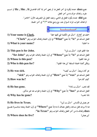 ١١
‫ﻧﻀﻊ‬
does
:
‫ﺁﺧﺮ‬ ‫ﰲ‬ ‫ﻳﻜﻮﻥ‬ ‫ﻋﻨﺪﻣﺎ‬
‫ﺍﻟﻔﻌﻞ‬
s
،
‫ﺍﻟﻔﺎﻋـﻞ‬ ‫ﻛﺎﻥ‬ ‫ﺇﺫﺍ‬ ‫ﺁﺧﺮ‬ ‫ﲟﻌﲎ‬ ‫ﺃﻭ‬
He , She , It
‫ﺍﺳـﻢ‬ ‫ﺃﻭ‬
‫ﺣﺮﻑ‬ ‫ﻭﳓﺬﻑ‬ ،‫ﻣﻔﺮﺩ‬
s
‫ﺍﻟﻔﻌﻞ‬ ‫ﺁﺧﺮ‬ ‫ﻣﻦ‬
.
‫ﻧﻀﻊ‬
did
:
‫ﺍﻷﻭﻝ‬ ‫ﺍﻟﺘﺼﺮﻳﻒ‬ ‫ﺇﱃ‬ ‫ﺍﻟﻔﻌﻞ‬ ‫ﻭﻧﻌﻴﺪ‬ ،‫ﺍﳌﺎﺿﻲ‬ ‫ﰲ‬ ‫ﺍﻟﻔﻌﻞ‬ ‫ﻳﻜﻮﻥ‬ ‫ﻋﻨﺪﻣﺎ‬

‫ﺍﳊﺎﺿﺮ‬
.
‫ﻋﻨﻪ‬ ‫ﺍﻟﺴﺆﺍﻝ‬ ‫ﺍﳌﺮﺍﺩ‬ ‫ﺍﳉﻮﺍﺏ‬ ‫ﳓﺬﻑ‬ ‫ﰒ‬
،
‫ﻋﻼﻣﺔ‬ ‫ﻭﺿﻊ‬ ‫ﻣﻊ‬
?
‫ﺍﳉﻤﻠﺔ‬ ‫ﺁﺧﺮ‬ ‫ﰲ‬
.
1) Your name is Clark. ‫ﺧﻂ‬ ‫ﲢﺘﻬﺎ‬ ‫ﺍﻟﱵ‬ ‫ﺍﻟﻜﻠﻤﺔ‬ ‫ﻋﻦ‬ ‫ﺍﺳﺄﻝ‬ .‫ﻛﻼﺭﻙ‬ ‫ﻫﻮ‬ ‫ﺍﲰﻚ‬
‫ﻫﻮ‬ ‫ﺍﳌﺴﺎﻋﺪ‬ ‫ﺍﻟﻔﻌﻞ‬
is
‫ﹰ‬‫ﺍ‬‫ﺇﺫ‬
‫ﻧﻀﻊ‬
What
‫ﻭﻫﻮ‬ ‫ﺍﳉﻮﺍﺏ‬ ‫ﻭﳓﺬﻑ‬ ‫ﺍﳉﻤﻠﺔ‬ ‫ﺃﻭﻝ‬ ‫ﰲ‬
Clark
.
1) What is your name? ‫ﺍﲰ‬ ‫ﻣﺎ‬
‫ﻚ‬
‫؟‬
2) This pen is for John. ‫ﻫﺬﺍ‬
‫ﺍﻟ‬
‫ﻘﻠﻢ‬
‫ﳉ‬
‫ﻮﻥ‬
 .
‫ﳌﻦ؟‬ ‫ﺑـ‬ ‫ﺍﺳﺄﻝ‬

‫ﻫﻮ‬ ‫ﺍﳌﺴﺎﻋﺪ‬ ‫ﺍﻟﻔﻌﻞ‬
is
‫ﹰ‬‫ﺍ‬‫ﺇﺫ‬
‫ﻧﻀﻊ‬
Whose
‫ﻭﻫﻮ‬ ‫ﺍﳉﻮﺍﺏ‬ ‫ﻭﳓﺬﻑ‬ ‫ﺍﳉﻤﻠﺔ‬ ‫ﺃﻭﻝ‬ ‫ﰲ‬
for John
.
2) Whose is this pen? ‫ﺍﻟﻘﻠﻢ؟‬ ‫ﻫﺬﺍ‬ ‫ﳌﻦ‬
2) Who is this pen for? ‫ﻭﳝﻜﻦ‬
‫ﺍﻟﺴﺎﺑﻘﺔ‬ ‫ﺍﳉﻤﻠﺔ‬ ‫ﻛﺘﺎﺑﺔ‬

‫ﺍﻟﻘﻠﻢ؟‬ ‫ﻫﺬﺍ‬ ‫ﳌﻦ‬

.
3) He was sick. ‫ﻛﺎﻥ‬ ‫ﻫﻮ‬
‫ﻣﺮﻳﻀ‬
‫ﹰ‬‫ﺎ‬
 .
‫ﻛﻴﻒ؟‬ ‫ﺑـ‬ ‫ﺍﺳﺄﻝ‬

‫ﻫﻮ‬ ‫ﺍﳌﺴﺎﻋﺪ‬ ‫ﺍﻟﻔﻌﻞ‬
was
‫ﻧﻀﻊ‬ ‫ﹰ‬‫ﺍ‬‫ﺇﺫ‬
How
‫ﻭﻫﻮ‬ ‫ﺍﳉﻮﺍﺏ‬ ‫ﻭﳓﺬﻑ‬ ‫ﺍﳉﻤﻠﺔ‬ ‫ﺃﻭﻝ‬ ‫ﰲ‬
sick
.
3) How was he? ‫ﻫﻮ؟‬ ‫ﻛﺎﻥ‬ ‫ﻛﻴﻒ‬
4) He has gone. ‫ﻟ‬
‫ﺫﻫﺐ‬ ‫ﻘﺪ‬
 .
‫ﳌﺎﺫﺍ؟‬ ‫ﺑـ‬ ‫ﺍﺳﺄﻝ‬

‫ﻫﻮ‬ ‫ﺍﳌﺴﺎﻋﺪ‬ ‫ﺍﻟﻔﻌﻞ‬
has
‫ﻧﻀﻊ‬ ‫ﹰ‬‫ﺍ‬‫ﺇﺫ‬
Why
‫ﺍﳉﻤﻠﺔ‬ ‫ﺃﻭﻝ‬ ‫ﰲ‬
‫ﻣﺬﻛﻮﺭ‬ ‫ﻏﲑ‬ ‫ﻫﻨﺎ‬ ‫ﻭﺍﳉﻮﺍﺏ‬
.
4) Why has he gone? ‫ﺫﻫﺐ؟‬ ‫ﳌﺎﺫﺍ‬
5) He lives in Texas. ‫ﺗﻜﺴﺎﺱ‬ ‫ﰲ‬ ‫ﻳﻌﻴﺶ‬ ‫ﻫﻮ‬
 .
‫ﺃﻳﻦ؟‬ ‫ﺑـ‬ ‫ﺍﺳﺄﻝ‬

‫ﻫﻨﺎ‬
‫ﻣﺴﺎﻋﺪ‬ ‫ﻓﻌﻞ‬ ‫ﻳﻮﺟﺪ‬ ‫ﻻ‬
‫ﻟﻪ‬ ‫ﻣﻀﺎﻑ‬ ‫ﻭﺍﻟﻔﻌﻞ‬
s
‫ﹰ‬‫ﺍ‬‫ﺇﺫ‬
‫ﻧﻀﻊ‬
Where
‫ﺍﳉﻤﻠﺔ‬ ‫ﺃﻭﻝ‬ ‫ﰲ‬
‫ﻧﻀـﻊ‬ ‫ﻣﺒﺎﺷـﺮﺓ‬ ‫ﻭﺑﻌﺪﻩ‬
does
‫ﻭﳓﺬﻑ‬
s
‫ﺍﻟﻔﻌﻞ‬ ‫ﺁﺧﺮ‬ ‫ﻣﻦ‬
‫ﻭﻫﻮ‬ ‫ﺍﳉﻮﺍﺏ‬ ‫ﻭﳓﺬﻑ‬
in Texas
.
5) Where does he live? ‫ﺃﻳﻦ‬
‫ﻳﻌﻴﺶ؟‬
‫ﺃﻣــﺜــﻠــﺔ‬
 
