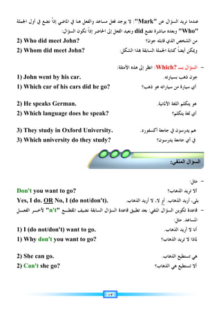١٣
‫ﻋﻦ‬ ‫ﺍﻟﺴﺆﺍﻝ‬ ‫ﻧﺮﻳﺪ‬ ‫ﻋﻨﺪﻣﺎ‬
Mark
:
‫ﺍﳉﻤﻠﺔ‬ ‫ﺃﻭﻝ‬ ‫ﰲ‬ ‫ﻧﻀﻊ‬ ‫ﹰ‬‫ﺍ‬‫ﺇﺫ‬ ‫ﺍﳌﺎﺿﻲ‬ ‫ﰲ‬ ‫ﻫﻨﺎ‬ ‫ﻭﺍﻟﻔﻌﻞ‬ ‫ﻣﺴﺎﻋﺪ‬ ‫ﻓﻌﻞ‬ ‫ﻳﻮﺟﺪ‬ ‫ﻻ‬
Who
‫ﻧﻀﻊ‬ ‫ﻣﺒﺎﺷﺮﺓ‬ ‫ﻭﺑﻌﺪﻩ‬
did
‫ﺇﱃ‬ ‫ﺍﻟﻔﻌﻞ‬ ‫ﻭﻧﻌﻴﺪ‬
‫ﺍﳊﺎﺿﺮ‬
‫ﺍﻟﺴﺆﺍﻝ‬ ‫ﻧﻜﻮﻥ‬ ‫ﹰ‬‫ﺍ‬‫ﺇﺫ‬
:
2) Who did meet John? ‫ﻣﻦ‬
‫ﺍﻟﺬﻱ‬ ‫ﺍﻟﺸﺨﺺ‬
‫ﻗﺎﺑﻠ‬
‫ﻪ‬
‫ﺟﻮﻥ‬
‫؟‬
2) Whom did meet John? ‫ﺍﻟﺸﻜﻞ‬ ‫ﺬﺍ‬ ‫ﺍﻟﺴﺎﺑﻘﺔ‬ ‫ﺍﳉﻤﻠﺔ‬ ‫ﻛﺘﺎﺑﺔ‬ ‫ﹰ‬‫ﺎ‬‫ﺃﻳﻀ‬ ‫ﻭﳝﻜﻦ‬
:
-
‫ﺑـ‬ ‫ﺍﻟﺴﺆﺍﻝ‬
Which?
:
‫ﺍﻷﻣﺜﻠﺔ‬ ‫ﻫﺬﻩ‬ ‫ﺇﱃ‬ ‫ﺍﻧﻈﺮ‬
:
1) John went by his car. ‫ﺟﻮﻥ‬
‫ﺑﺴﻴﺎﺭﺗﻪ‬ ‫ﺫﻫﺐ‬
.
1) Which car of his cars did he go? ‫ﻣﻦ‬ ‫ﺳﻴﺎﺭﺓ‬ ‫ﺃﻱ‬
‫ﺳﻴﺎﺭﺍﺗﻪ‬
‫ﻫﻮ‬
‫ﺫﻫﺐ؟‬
2) He speaks German. ‫ﺍﻷﳌﺎﻧﻴﺔ‬ ‫ﺍﻟﻠﻐﺔ‬ ‫ﻳﺘﻜﻠﻢ‬ ‫ﻫﻮ‬
.
2) Which language does he speak? ‫ﻳﺘﻜﻠﻢ‬ ‫ﻟﻐﺔ‬ ‫ﺃﻱ‬
‫؟‬
3) They study in Oxford University. ‫ﻫﻢ‬
‫ﻳ‬
‫ﺃﻛﺴﻔﻮﺭﺩ‬ ‫ﺟﺎﻣﻌﺔ‬ ‫ﰲ‬ ‫ﺪﺭﺳﻮﻥ‬
.
3) Which university do they study? ‫ﰲ‬
‫ﻳﺪﺭﺳﻮﻥ؟‬ ‫ﺟﺎﻣﻌﺔ‬ ‫ﺃﻱ‬
-
‫ﻣﺜﻞ‬
:
Don't you want to go? ‫ﺍﻟﺬﻫﺎﺏ؟‬ ‫ﺗﺮﻳﺪ‬ ‫ﺃﻻ‬
Yes, I do. OR No, I (do not/don't). .‫ﺍﻟﺬﻫﺎﺏ‬ ‫ﺃﺭﻳﺪ‬ ‫ﻻ‬ ،‫ﻻ‬ ‫ﺃﻭ‬ .‫ﺍﻟﺬﻫﺎﺏ‬ ‫ﺃﺭﻳﺪ‬ ،‫ﺑﻠﻰ‬
-
‫ﺍﳌﻨﻔﻲ‬ ‫ﺍﻟﺴﺆﺍﻝ‬ ‫ﺗﻜﻮﻳﻦ‬ ‫ﻗﺎﻋﺪﺓ‬
:
‫ﺍﻟﺴﺎﺑﻘﺔ‬ ‫ﺍﻟﺴﺆﺍﻝ‬ ‫ﻗﺎﻋﺪﺓ‬ ‫ﺗﻄﺒﻴﻖ‬ ‫ﺑﻌﺪ‬
‫ﻧﻀ‬
‫ﻴ‬
‫ﺍﳌﻘﻄـﻊ‬ ‫ﻒ‬
n't
‫ﺍﻟﻔﻌـﻞ‬ ‫ﻵﺧـﺮ‬
‫ﺍﳌﺴﺎﻋﺪ‬
.
‫ﻣﺜﻞ‬
:
1) I (do not/don't) want to go. ‫ﺃﺭﻳﺪ‬ ‫ﻻ‬ ‫ﺃﻧﺎ‬
‫ﺍﻟﺬﻫﺎﺏ‬
.
1) Why don't you want to go? ‫ﺍﻟﺬﻫﺎﺏ؟‬ ‫ﺗﺮﻳﺪ‬ ‫ﻻ‬ ‫ﳌﺎﺫﺍ‬
2) She can go. ‫ﺍﻟﺬﻫﺎﺏ‬ ‫ﺗﺴﺘﻄﻴﻊ‬ ‫ﻫﻲ‬
.
2) Can't she go? ‫ﺍﻟﺬﻫﺎﺏ؟‬ ‫ﻫﻲ‬ ‫ﺗﺴﺘﻄﻴﻊ‬ ‫ﺃﻻ‬
 ‫ا‬ ‫ال‬ ‫ا‬
:
 