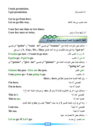 ٣٥
I took permission.
I got permission. ‫ﹰ‬‫ﺎ‬‫ﺇﺫﻧ‬ ‫ﺃﺧﺬﺕ‬ ‫ﺃﻧﺎ‬
.
Let us go from here.
Let us go this way. ‫ﻫﺬﺍ‬ ‫ﻣﻦ‬ ‫ﻧﺬﻫﺐ‬ ‫ﺩﻋﻨﺎ‬
‫ﺍﻻﲡﺎﻩ‬
.
I saw her one time or two times.
I saw her once or twice. ‫ﻣﺮﺗﲔ‬ ‫ﺃﻭ‬ ‫ﻣﺮﺓ‬ ‫ﺭﺃﻳﺘﻬﺎ‬ ‫ﺃﻥ‬
.
−
‫ﻫﻨﺎ‬
‫ﻟ‬
‫ﻣﺜﻞ‬ ‫ﺍﻟﻌﺎﻣﺔ‬ ‫ﺍﳌﻔﺮﺩﺍﺕ‬ ‫ﺑﻌﺾ‬ ‫ﻚ‬
:
wanna
‫ﲟﻌـﲎ‬ ‫ﺃﻱ‬
want to
‫ﻭ‬
gotta
‫ﲟﻌـﲎ‬ ‫ﺃﻱ‬
got to
‫ﺍﻟﻔﺎﻋﻞ‬ ‫ﻛﺎﻥ‬ ‫ﺇﺫﺍ‬ ‫ﺇﱃ‬ ‫ﺍﻟﻜﻠﻤﺎﺕ‬ ‫ﻫﺬﻩ‬ ‫ﺗﺄﰐ‬ ‫ﻭﻻ‬
I , You , We , They
‫ﲨﻊ‬ ‫ﺍﺳﻢ‬ ‫ﺃﻭ‬
.
I wanna go now - I want to go now. ‫ﺃﻧﺎ‬
‫ﺃﻥ‬ ‫ﺃﺭﻳﺪ‬
‫ﺍﻵﻥ‬ ‫ﺃﺫﻫﺐ‬
.
I gotta go - I got to go. ‫ﺃﻧﺎ‬
‫ﺃﻥ‬ ‫ﻋﻠﻲ‬
‫ﺃﺫﻫﺐ‬
.
-
‫ﻭ‬
‫ﻣﺜﻞ‬ ‫ﺍﻟﻌﺎﻣﺔ‬ ‫ﺍﳌﻔﺮﺩﺍﺕ‬ ‫ﺑﻌﺾ‬ ‫ﹰ‬‫ﺎ‬‫ﺃﻳﻀ‬ ‫ﻫﻨﺎﻟﻚ‬
:
gimme
‫ﲟﻌـﲎ‬ ‫ﺃﻱ‬
give me
‫ﻭ‬
gonna
‫ﺃﻱ‬
‫ﲟﻌﲎ‬
going to
.
Gimme the pen - Give me the pen. ‫ﺃﻋﻄﲏ‬
‫ﺍﻟﻘﻠﻢ‬
.
I am gonna go - I am going to go. ‫ﺃﻧﺎ‬
‫ﺳ‬
‫ﺄﺫﻫﺐ‬
.
-
‫ﻭ‬
‫ﺍﻟﻌﺎﻣﻴﺔ‬ ‫ﺍﻟﻠﻐﺔ‬ ‫ﰲ‬
‫ﻋﺎﺩﺓ‬
‫ﻳﻀﻌﻮﻥ‬
in
‫ﻗﺒﻞ‬
here
‫ﻭ‬
there
.
I'm here. ‫ﺍﻟﻔﺼﺤﻰ‬

‫ﻫﻨﺎ‬ ‫ﺃﻧﺎ‬

I'm in here. ‫ﺍﻟﻌﺎﻣﻴﺔ‬

‫ﻫﻨﺎ‬ ‫ﺃﻧﺎ‬

-
‫ﻭﻫﻨﺎ‬
‫ﻟ‬
‫ﻭﻫﻮ‬ ‫ﺃﻻ‬ ‫ﺍﻟﻌﺎﻣﺔ‬ ‫ﺍﻻﳒﻠﻴﺰﻳﺔ‬ ‫ﰲ‬ ‫ﺁﺧﺮ‬ ‫ﺷﻲﺀ‬ ‫ﻚ‬
I
‫ﻭ‬
me
.
‫ﺍﳉﻤﻠﺔ‬ ‫ﻫﺬﻩ‬ ‫ﺗﺮﺟﻢ‬

‫ﻫﺬﺍ‬
‫ﺃﻧﺎ‬

‫؟‬
This is I. ‫ﺍﻟﻔﺼﺤﻰ‬

‫ﺃﻧﺎ‬ ‫ﻫﺬﺍ‬

This is me. ‫ﺍﻟﻌﺎﻣﻴﺔ‬

‫ﺃﻧﺎ‬ ‫ﻫﺬﺍ‬

-
‫ﺍﻟﻀﻤﲑ‬ ‫ﺍﳉﻤﻠﺔ‬ ‫ﺃﻭﻝ‬ ‫ﰲ‬ ‫ﺃﺗﻰ‬ ‫ﻭﺇﺫﺍ‬
I
‫ﺑﻌﺪﻩ‬ ‫ﺟﺎﺀ‬ ‫ﰒ‬
too
‫ﺇﱃ‬ ‫ﻳﻘﻠﺐ‬
me
‫ﺍﻟﻌﺎﻣﻴﺔ‬ ‫ﺍﻟﻠﻐﺔ‬ ‫ﰲ‬
.
I am too. ‫ﺍﻟﻔﺼﺤﻰ‬

‫ﹰ‬‫ﺎ‬‫ﺃﻳﻀ‬ ‫ﺃﻧﺎ‬

Me too. ‫ﺍﻟﻌﺎﻣﻴﺔ‬

‫ﹰ‬‫ﺎ‬‫ﺃﻳﻀ‬ ‫ﺃﻧﺎ‬

-
‫ﻭﻫﻨﺎ‬
‫ﻟ‬
‫ﺍﻻﺧﺘﺼﺎﺭﺍﺕ‬ ‫ﺑﻌﺾ‬ ‫ﻚ‬
.
‫ﻣﻨﻬﺎ‬
:
Let us go 


 Let's go. .‫ﺑﻨﺎ‬ ‫ﻫﻴﺎ‬ ‫ﺃﻭ‬ .‫ﻧﺬﻫﺐ‬ ‫ﺩﻋﻨﺎ‬
%G‫ا‬ .K0$A:‫ا‬ L0‫ا‬
English Informal
:
 