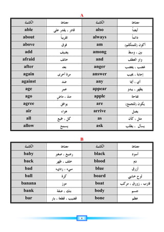 ٢
A
‫ﻣﻌﻨﺎﻫﺎ‬
‫ﺍﻟﻜﻠﻤﺔ‬
‫ﻣﻌﻨﺎﻫﺎ‬
‫ﺍﻟﻜﻠﻤﺔ‬
‫ﹰ‬‫ﺎ‬‫ﺃﻳﻀ‬
also
‫ﻋﻠﻰ‬ ‫ﻳﻘﺪﺭ‬ ، ‫ﻗﺎﺩﺭ‬
able
‫ﹰ‬‫ﺎ‬‫ﺩﺍﺋﻤ‬
always
‫ﹰ‬‫ﺎ‬‫ﺗﻘﺮﻳﺒ‬
about
‫ﺃﻛﻮﻥ‬
)
‫ﻟﻠﻤﺘﻜﻠﻢ‬
(
am
‫ﻓﻮﻕ‬
above
‫ﻭﺳﻂ‬ ، ‫ﺑﲔ‬
among
‫ﻳﻀﻴﻒ‬
add
‫ﻭﺍﻭ‬
‫ﺍﻟﻌﻄﻒ‬
and
‫ﺧﺎﺋﻒ‬
afraid
‫ﻳﻐﻀﺐ‬ ، ‫ﻏﻀﺐ‬
anger
‫ﺑﻌﺪ‬
after
‫ﳚﻴﺐ‬ ، ‫ﺇﺟﺎﺑﺔ‬
answer
‫ﺃﺧﺮﻯ‬ ‫ﻣﺮﺓ‬
again
‫ﺃﳝﺎ‬ ، ‫ﺃﻱ‬
any
‫ﺿﺪ‬
against
‫ﻳﺒﺪﻭ‬ ، ‫ﻳﻈﻬﺮ‬
appear
‫ﻋﻤﺮ‬
age
‫ﺗﻔﺎﺣﺔ‬
apple
‫ﹴ‬‫ﺽ‬‫ﻣﺎ‬ ، ‫ﻣﻨﺬ‬
ago
‫ﻳﻜﻮﻥ‬
)
‫ﻟﻠﺠﻤﻊ‬
(
are
‫ﻳﻮﺍﻓﻖ‬
agree
‫ﻳﺼﻞ‬
arrive
‫ﻫﻮﺍﺀ‬
air
‫ﻛﺄﻥ‬ ، ‫ﻣﺜﻞ‬
as
‫ﲨﻴﻊ‬ ، ‫ﻛﻞ‬
all
، ‫ﻳﺴﺄﻝ‬
‫ﻳﻄﻠﺐ‬
ask
‫ﻳﺴﻤﺢ‬
allow
B
‫ﻣﻌﻨﺎﻫﺎ‬
‫ﺍﻟﻜﻠﻤﺔ‬
‫ﻣﻌﻨﺎﻫﺎ‬
‫ﺍﻟﻜﻠﻤﺔ‬
‫ﺃﺳﻮﺩ‬
black
‫ﺻﻐﲑ‬ ، ‫ﺭﺿﻴﻊ‬
baby
‫ﺩﻡ‬
blood
‫ﻇﻬﺮ‬ ، ‫ﺧﻠﻒ‬
back
‫ﺃﺯﺭﻕ‬
blue
‫ﺭﺩﻱﺀ‬ ، ‫ﺳﻲﺀ‬
bad
‫ﺧﺸﱯ‬ ‫ﻟﻮﺡ‬
board
‫ﻛﺮﺓ‬
ball
‫ﻣﺮﻛﺐ‬ ، ‫ﺯﻭﺭﻕ‬ ، ‫ﻗﺎﺭﺏ‬
boat
‫ﻣﻮﺯ‬
banana
‫ﺟﺴﻢ‬
body
‫ﺿﻔﺔ‬ ، ‫ﺑﻨﻚ‬
bank
‫ﻋﻈﻢ‬
bone
‫ﺑﺎﺭ‬ ، ‫ﻗﻄﻌﺔ‬ ، ‫ﻗﻀﻴﺐ‬
bar
 