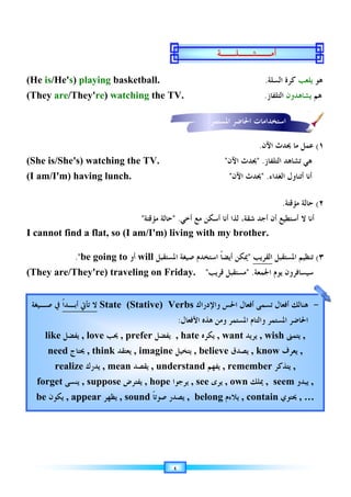(He
(They
(She is
(I am
I
(They are/
‫ﺻـﻴﻐﺔ‬ ‫ﰲ‬
He is/He'
They are
She is/She's)
I am/I'm)
I cannot
(They are/
‫ﹰ‬‫ﺍ‬‫ﺃﺑـﺪ‬ ‫ﺗﺄﰐ‬ ‫ﻻ‬
‫ﺻـﻴﻐﺔ‬ ‫ﰲ‬
like ‫ﻳﻔﻀﻞ‬
need
realize
forget
be ‫ﻳﻜﻮﻥ‬
He's) playing
are/They'
She's) watching
/I'm) having
find a flat, so
be going to

.
(They are/They're)
‫ﹰ‬‫ﺍ‬‫ﺃﺑـﺪ‬ ‫ﺗﺄﰐ‬ ‫ﻻ‬
‫ﻳﻔﻀﻞ‬ , love
need ‫ﳛﺘﺎﺝ‬ , think
realize ‫ﻳﺪﺭﻙ‬
forget ‫ﻳﻨﺴﻰ‬ , suppose
‫ﻳﻜﻮﻥ‬ , appear
playing basketball.
They're) watching
watching
having lunch.
find a flat, so (I am
be going to
They're) traveling on Friday.
State (Stative) Verbs
‫ﹰ‬‫ﺍ‬‫ﺃﺑـﺪ‬ ‫ﺗﺄﰐ‬ ‫ﻻ‬
, love ‫ﳛﺐ‬ , prefer
, think ‫ﻳﻌﺘﻘﺪ‬
‫ﻳﺪﺭﻙ‬ , mean
, suppose ‫ﻳﻔﺘﺮﺽ‬
, appear ‫ﻳﻈﻬﺮ‬ , sound
basketball.
watching the
watching the TV.
lunch.
‫ﻣﺆﻗﺘﺔ‬ ‫ﺣﺎﻟﺔ‬

I am/I'm)
‫ﺍﳌﺴﺘﻘﺒﻞ‬
will
‫ﺃﻭ‬
be going to
traveling on Friday.
(Stative) Verbs
, prefer ‫ﻳﻔﻀﻞ‬
‫ﻳﻌﺘﻘﺪ‬ , imagine
, mean ‫ﻳﻘﺼﺪ‬ , understand
‫ﻳﻔﺘﺮﺽ‬ , hope
, sound ‫ﹰ‬‫ﺎ‬‫ﺻﻮﺗ‬ ‫ﻳﺼﺪﺭ‬
٤
basketball.
the TV.
TV.
lunch.
‫ﺃﺧﻲ‬ ‫ﻣﻊ‬ ‫ﺃﺳﻜﻦ‬ ‫ﺃﻧﺎ‬
 .
‫ﻣﺆﻗﺘﺔ‬ ‫ﺣﺎﻟﺔ‬
I'm) living with my brother.
‫ﺻﻴﻐﺔ‬ ‫ﺍﺳﺘﺨﺪﻡ‬
‫ﺍﳌﺴﺘﻘﺒﻞ‬
traveling on Friday.
(Stative) Verbs
‫ﺍﻷﻓﻌﺎﻝ‬ ‫ﻫﺬﻩ‬ ‫ﻭﻣﻦ‬ ‫ﺍﳌﺴﺘﻤﺮ‬ ‫ﻭﺍﻟﺘﺎﻡ‬ ‫ﺍﳌﺴﺘﻤﺮ‬ ‫ﺍﳊﺎﺿﺮ‬
:
‫ﻳﻔﻀﻞ‬ , hate
, imagine ‫ﻳﺘﺨﻴﻞ‬
, understand
, hope ‫ﻳﺮﺟﻮﺍ‬
‫ﹰ‬‫ﺎ‬‫ﺻﻮﺗ‬ ‫ﻳﺼﺪﺭ‬ , belong
TV.
‫ﺃﺧﻲ‬ ‫ﻣﻊ‬ ‫ﺃﺳﻜﻦ‬ ‫ﺃﻧﺎ‬
living with my brother.
‫ﹰ‬‫ﺎ‬‫ﺃﻳﻀ‬
‫ﺻﻴﻐﺔ‬ ‫ﺍﺳﺘﺨﺪﻡ‬
traveling on Friday. ‫ﻗﺮﻳﺐ‬ ‫ﻣﺴﺘﻘﺒﻞ‬

‫ﺃﻣــﺜــﻠــﺔ‬
‫ﺍﳌﺴﺘﻤﺮ‬
:
‫ﻭﺍﻹﺩﺭﺍﻙ‬ ‫ﺍﳊﺲ‬ ‫ﺃﻓﻌﺎﻝ‬ ‫ﺗﺴﻤﻰ‬ ‫ﺃﻓﻌﺎﻝ‬ ‫ﻫﻨﺎﻟﻚ‬
(Stative) Verbs
‫ﺍﻷﻓﻌﺎﻝ‬ ‫ﻫﺬﻩ‬ ‫ﻭﻣﻦ‬ ‫ﺍﳌﺴﺘﻤﺮ‬ ‫ﻭﺍﻟﺘﺎﻡ‬ ‫ﺍﳌﺴﺘﻤﺮ‬ ‫ﺍﳊﺎﺿﺮ‬
, hate ‫ﻳﻜﺮﻩ‬ , want
‫ﻳﺘﺨﻴﻞ‬ , believe
, understand ‫ﻳﻔﻬﻢ‬
, see ‫ﻳﺮﻯ‬
, belong
‫ﳛﺪﺙ‬
‫ﺍﻵﻥ‬

‫ﺍﻵﻥ‬ ‫ﳛﺪﺙ‬

‫ﻟﺬﺍ‬ ،‫ﺷﻘﺔ‬ ‫ﺃﺟﺪ‬ ‫ﺃﻥ‬ ‫ﺃﺳﺘﻄﻴﻊ‬
‫ﺃﺧﻲ‬ ‫ﻣﻊ‬ ‫ﺃﺳﻜﻦ‬ ‫ﺃﻧﺎ‬
living with my brother.
‫ﺍﻟﻘﺮﻳﺐ‬

‫ﳝ‬
‫ﻜﻦ‬
‫ﹰ‬‫ﺎ‬‫ﺃﻳﻀ‬
 .
‫ﻗﺮﻳﺐ‬ ‫ﻣﺴﺘﻘﺒﻞ‬
‫ﺃﻣــﺜــﻠــﺔ‬
‫ﺍﳊﺎﺿﺮ‬ ‫ﺍﺳﺘﺨﺪﺍﻣﺎﺕ‬
‫ﺍﳌﺴﺘﻤﺮ‬
‫ﻭﺍﻹﺩﺭﺍﻙ‬ ‫ﺍﳊﺲ‬ ‫ﺃﻓﻌﺎﻝ‬ ‫ﺗﺴﻤﻰ‬ ‫ﺃﻓﻌﺎﻝ‬ ‫ﻫﻨﺎﻟﻚ‬
‫ﺍﻷﻓﻌﺎﻝ‬ ‫ﻫﺬﻩ‬ ‫ﻭﻣﻦ‬ ‫ﺍﳌﺴﺘﻤﺮ‬ ‫ﻭﺍﻟﺘﺎﻡ‬ ‫ﺍﳌﺴﺘﻤﺮ‬ ‫ﺍﳊﺎﺿﺮ‬
, want ‫ﻳﺮﻳﺪ‬
, believe ‫ﻳﺼﺪﻕ‬ , know
, remember
‫ﻳﺮﻯ‬ , own ‫ﳝﻠﻚ‬
, belong ‫ﻳﻼﺀﻡ‬ , contain
‫ﺍﻟﺴﻠﺔ‬ ‫ﻛﺮﺓ‬
.
‫ﺍﻟﺘ‬
‫ﻠ‬
‫ﻔ‬
‫ﺎ‬
‫ﺯ‬
.
‫ﳛﺪﺙ‬
‫ﺍﻵﻥ‬
.
‫ﺍﻟﺘﻠﻔ‬ ‫ﺗﺸﺎﻫﺪ‬ ‫ﻫﻲ‬
‫ﺎﺯ‬
 .
‫ﳛﺪﺙ‬
‫ﺍﻟﻐﺪﺍﺀ‬ ‫ﺃﺗﻨﺎﻭﻝ‬ ‫ﺃﻧﺎ‬
 .
‫ﺍﻵﻥ‬ ‫ﳛﺪﺙ‬
‫ﻣﺆﻗﺘﺔ‬ ‫ﺣﺎﻟﺔ‬
.
‫ﻟﺬﺍ‬ ،‫ﺷﻘﺔ‬ ‫ﺃﺟﺪ‬ ‫ﺃﻥ‬ ‫ﺃﺳﺘﻄﻴﻊ‬
living with my brother.
‫ﺍﳌﺴﺘﻘﺒﻞ‬ ‫ﺗﻨﻈﻴﻢ‬
‫ﺍﻟﻘﺮﻳﺐ‬
‫ﺍﳉﻤﻌﺔ‬ ‫ﻳﻮﻡ‬ ‫ﺳﻴﺴﺎﻓﺮﻭﻥ‬
 .
‫ﺃﻣــﺜــﻠــﺔ‬
‫ﺍﳊﺎﺿﺮ‬ ‫ﺍﺳﺘﺨﺪﺍﻣﺎﺕ‬
‫ﻭﺍﻹﺩﺭﺍﻙ‬ ‫ﺍﳊﺲ‬ ‫ﺃﻓﻌﺎﻝ‬ ‫ﺗﺴﻤﻰ‬ ‫ﺃﻓﻌﺎﻝ‬ ‫ﻫﻨﺎﻟﻚ‬
‫ﺍﻷﻓﻌﺎﻝ‬ ‫ﻫﺬﻩ‬ ‫ﻭﻣﻦ‬ ‫ﺍﳌﺴﺘﻤﺮ‬ ‫ﻭﺍﻟﺘﺎﻡ‬ ‫ﺍﳌﺴﺘﻤﺮ‬ ‫ﺍﳊﺎﺿﺮ‬
‫ﻳﺮﻳﺪ‬ , wish
, know ‫ﻳﻌﺮﻑ‬
, remember ‫ﻳﺘﺬﻛﺮ‬
‫ﳝﻠﻚ‬ , seem
, contain ‫ﳛﺘﻮﻱ‬
‫ﻫﻮ‬
‫ﻳﻠﻌﺐ‬
‫ﺍﻟﺴﻠﺔ‬ ‫ﻛﺮﺓ‬
‫ﻫﻢ‬
‫ﻳﺸﺎﻫﺪﻭﻥ‬
(
‫ﻋﻤﻞ‬
‫ﻣﺎ‬
‫ﳛﺪﺙ‬
‫ﺍﻟﺘﻠﻔ‬ ‫ﺗﺸﺎﻫﺪ‬ ‫ﻫﻲ‬
‫ﺍﻟﻐﺪﺍﺀ‬ ‫ﺃﺗﻨﺎﻭﻝ‬ ‫ﺃﻧﺎ‬
(
‫ﻣﺆﻗﺘﺔ‬ ‫ﺣﺎﻟﺔ‬
‫ﺃﻧﺎ‬
‫ﻻ‬
‫ﻟﺬﺍ‬ ،‫ﺷﻘﺔ‬ ‫ﺃﺟﺪ‬ ‫ﺃﻥ‬ ‫ﺃﺳﺘﻄﻴﻊ‬
(
‫ﺍﳌﺴﺘﻘﺒﻞ‬ ‫ﺗﻨﻈﻴﻢ‬
‫ﺍﳉﻤﻌﺔ‬ ‫ﻳﻮﻡ‬ ‫ﺳﻴﺴﺎﻓﺮﻭﻥ‬
‫ﺍﳊﺎﺿﺮ‬ ‫ﺍﺳﺘﺨﺪﺍﻣﺎﺕ‬
-
‫ﻭﺍﻹﺩﺭﺍﻙ‬ ‫ﺍﳊﺲ‬ ‫ﺃﻓﻌﺎﻝ‬ ‫ﺗﺴﻤﻰ‬ ‫ﺃﻓﻌﺎﻝ‬ ‫ﻫﻨﺎﻟﻚ‬
‫ﺍﻷﻓﻌﺎﻝ‬ ‫ﻫﺬﻩ‬ ‫ﻭﻣﻦ‬ ‫ﺍﳌﺴﺘﻤﺮ‬ ‫ﻭﺍﻟﺘﺎﻡ‬ ‫ﺍﳌﺴﺘﻤﺮ‬ ‫ﺍﳊﺎﺿﺮ‬
, wish ‫ﻳﺘﻤﲎ‬ ,
‫ﻳﻌﺮﻑ‬ ,
‫ﻳﺘﺬﻛﺮ‬ ,
, seem ‫ﻳﺒﺪﻭ‬ ,
‫ﳛﺘﻮﻱ‬ , …
‫ﻫﻮ‬
‫ﻫﻢ‬
١
(
٢
(
٣
(
-
 