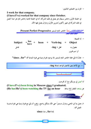 I work
(I have
‫ﺍﻟﻌﻤﻞ‬
(I
(He
‫ﺑﺪﺍﻳـﺔ‬ ‫ﻓﺘﺮﺓ‬ ‫ﻫﻲ‬ ‫ﺯﻣﻨﻴﺔ‬ ‫ﻓﺘﺮﺓ‬ ‫ﻣﻊ‬ ‫ﻳﺄﰐ‬ ‫ﺃﻥ‬
I work for
I have/I've)
‫ﺍ‬ ‫ﻫﻮ‬
‫ﺑﺘﺪﺃ‬
‫ﺍﻟﻌﻤﻞ‬
Subject + + been
since , for
I have/I'
(He has/He'
‫ﺑﺪﺍﻳـﺔ‬ ‫ﻓﺘﺮﺓ‬ ‫ﻫﻲ‬ ‫ﺯﻣﻨﻴﺔ‬ ‫ﻓﺘﺮﺓ‬ ‫ﻣﻊ‬ ‫ﻳﺄﰐ‬ ‫ﺃﻥ‬
‫ﻓﺎﻋﻞ‬
for that company
I've) worked
‫ﺣﺎﺿﺮ‬
‫ﺗﺎﻡ‬
(
‫ﺍ‬ ‫ﻫﻮ‬
Present
:
Subject + + been
since , for
I've) been
/He's) been
‫ﺑﺪﺍﻳـﺔ‬ ‫ﻓﺘﺮﺓ‬ ‫ﻫﻲ‬ ‫ﺯﻣﻨﻴﺔ‬ ‫ﻓﺘﺮﺓ‬ ‫ﻣﻊ‬ ‫ﻳﺄﰐ‬ ‫ﺃﻥ‬
‫ﻓﺎﻋﻞ‬
company
worked for that
‫ﺍﳉﻤﻠﺔ‬ ‫ﰲ‬ ‫ﺃﻣﺎ‬
‫ﺍﻟﺜﺎﻧﻴﺔ‬
)
‫ﺣﺎﺿﺮ‬
‫ﺍﻵﻥ‬
.
Present Perfect
Subject + + been
‫ﺍﻟﺒﺪﺍﻳﺔ‬ ‫ﻓﺘﺮﺓ‬ ‫ﻫﻲ‬
‫ﳘﺎ‬
since , for
been living
been watching
‫ﺑﺪﺍﻳـﺔ‬ ‫ﻓﺘﺮﺓ‬ ‫ﻫﻲ‬ ‫ﺯﻣﻨﻴﺔ‬ ‫ﻓﺘﺮﺓ‬ ‫ﻣﻊ‬ ‫ﻳﺄﰐ‬ ‫ﺃﻥ‬
has
have
company.
for that company
‫ﺍﻟﺸﺮﻛﺔ‬
،
‫ﺍﳉﻤﻠﺔ‬ ‫ﰲ‬ ‫ﺃﻣﺎ‬
‫ﻳﻌﻤﻞ‬ ‫ﻭﻣﺎﺯﺍﻝ‬
‫ﻓﻴﻬﺎ‬
‫ﺍﻵﻥ‬
Perfect Progressive
Subject + + been
‫ﺯﻣﻨﻴﺔ‬ ‫ﻓﺘﺮﺓ‬ ‫ﺑﻮﺟﻮﺩ‬ ‫ﺇﻻ‬ ‫ﺍﳌﺴﺘﻤﺮ‬ ‫ﺍﻟﺘﺎﻡ‬
‫ﺍﻟﺒﺪﺍﻳﺔ‬ ‫ﻓﺘﺮﺓ‬ ‫ﻫﻲ‬
living in Moscow
watching the
‫ﻭﺍﺿﺢ‬ ‫ﺑﺸﻜﻞ‬
.
‫ﻭﳚﺐ‬
‫ﺑﺪﺍﻳـﺔ‬ ‫ﻓﺘﺮﺓ‬ ‫ﻫﻲ‬ ‫ﺯﻣﻨﻴﺔ‬ ‫ﻓﺘﺮﺓ‬ ‫ﻣﻊ‬ ‫ﻳﺄﰐ‬ ‫ﺃﻥ‬
since
١٠
.
company
‫ﺗﻠﻚ‬
‫ﺍﻟﺸﺮﻛﺔ‬
‫ﺍﻷﻭﻝ‬ ‫ﺗﺸﺮﻳﻦ‬
(
‫ﻳﻌﻤﻞ‬ ‫ﻭﻣﺎﺯﺍﻝ‬
Progressive
Subject + + been + Verb
‫ﺯﻣﻨﻴﺔ‬ ‫ﻓﺘﺮﺓ‬ ‫ﺑﻮﺟﻮﺩ‬ ‫ﺇﻻ‬ ‫ﺍﳌﺴﺘﻤﺮ‬ ‫ﺍﻟﺘﺎﻡ‬
in Moscow since
the TV for
‫ﻭﺍﺿﺢ‬ ‫ﺑﺸﻜﻞ‬
since ‫ﻣﻨﺬ‬ , for
.
.
company since October.
‫ﰲ‬ ‫ﻳﻌﻤﻞ‬ ‫ﻫﻮ‬
‫ﺗﻠﻚ‬
‫ﺍﻷﻭﻝ‬ ‫ﺗﺸﺮﻳﻦ‬
‫ﺍﻟﺘﺎﻡ‬
‫ﺍﳌﺴﺘﻤﺮ‬
Progressive
+ Verb-
‫ﺯﻣﻨﻴﺔ‬ ‫ﻓﺘﺮﺓ‬ ‫ﺑﻮﺟﻮﺩ‬ ‫ﺇﻻ‬ ‫ﺍﳌﺴﺘﻤﺮ‬ ‫ﺍﻟﺘﺎﻡ‬
since I graduated
for an hour
‫ﺍﻵﻥ‬ ‫ﺣﱴ‬ ‫ﹰ‬‫ﺍ‬‫ﻣﺴﺘﻤﺮ‬ ‫ﻭﻣﺎﺯﺍﻝ‬ ‫ﺍﳌﺎﺿﻲ‬ ‫ﰲ‬ ‫ﺑﺪﺃ‬ ‫ﻋﻤﻞ‬
, for ‫ﳌﺪﺓ‬
+
-ing
‫ﺇﺿﺎﻓﺔ‬ ‫ﻗﻮﺍﻋﺪ‬ ‫ﺍﻻﻋﺘﺒﺎﺭ‬ ‫ﺑﻌﲔ‬ ‫ﺍﻷﺧﺬ‬ ‫ﻣﻊ‬
-ing
.
‫ﺃﻣــﺜــﻠــﺔ‬
‫ﺍﳌﺴﺘﻤﺮ‬ ‫ﺍﻟﺘﺎﻡ‬
:
‫ﺍﻟﺘﺎﻟﻴﺘﲔ‬ ‫ﺍﳉﻤﻠﺘﲔ‬ ‫ﺑﲔ‬ ‫ﻗﺎﺭﻥ‬
:
.
since October.
‫ﺑﺴﻴﻂ‬ ‫ﺣﺎﺿﺮ‬
(
‫ﰲ‬ ‫ﻳﻌﻤﻞ‬ ‫ﻫﻮ‬
‫ﺷﻬﺮ‬ ‫ﰲ‬ ‫ﺍﻟﺸﺮﻛﺔ‬
)
‫ﺃﻛﺘﻮﺑﺮ‬
/
‫ﺍﻷﻭﻝ‬ ‫ﺗﺸﺮﻳﻦ‬
‫ﺍﳊﺎﺿﺮ‬
‫ﺍﻟﺘﺎﻡ‬
-ing + Object
‫ﺎﺿﺮ‬
‫ﺯﻣﻨﻴﺔ‬ ‫ﻓﺘﺮﺓ‬ ‫ﺑﻮﺟﻮﺩ‬ ‫ﺇﻻ‬ ‫ﺍﳌﺴﺘﻤﺮ‬ ‫ﺍﻟﺘﺎﻡ‬
‫ﲣﺮﺟﺖ‬ ‫ﻥ‬
.
graduated.
an hour .‫ﺳﺎﻋﺔ‬
‫ﺍﻵﻥ‬ ‫ﺣﱴ‬ ‫ﹰ‬‫ﺍ‬‫ﻣﺴﺘﻤﺮ‬ ‫ﻭﻣﺎﺯﺍﻝ‬ ‫ﺍﳌﺎﺿﻲ‬ ‫ﰲ‬ ‫ﺑﺪﺃ‬ ‫ﻋﻤﻞ‬
‫ﻓﻌﻞ‬
+
‫ﺇﺿﺎﻓﺔ‬ ‫ﻗﻮﺍﻋﺪ‬ ‫ﺍﻻﻋﺘﺒﺎﺭ‬ ‫ﺑﻌﲔ‬ ‫ﺍﻷﺧﺬ‬ ‫ﻣﻊ‬
‫ﺃﻣــﺜــﻠــﺔ‬
‫ﺍﳊﺎﺿﺮ‬ ‫ﺍﺳﺘﺨﺪﺍﻣﺎﺕ‬
‫ﺍﳌﺴﺘﻤﺮ‬ ‫ﺍﻟﺘﺎﻡ‬
‫ﺍﻟﺘﺎﻟﻴﺘﲔ‬ ‫ﺍﳉﻤﻠﺘﲔ‬ ‫ﺑﲔ‬ ‫ﻗﺎﺭﻥ‬
.
since October.
‫ﺍﻷﻭﱃ‬ ‫ﺔ‬
)
‫ﺑﺴﻴﻂ‬ ‫ﺣﺎﺿﺮ‬
‫ﺷﻬﺮ‬ ‫ﰲ‬ ‫ﺍﻟﺸﺮﻛﺔ‬
‫ﹰ‬‫ﺎ‬‫ﺭﺍﺑﻌ‬
/
:
+ Object
‫ﲨﻠﺔ‬ ‫ﺗﺄﰐ‬ ‫ﻻ‬
‫ﺍﳊ‬
‫ﺎﺿﺮ‬
‫ﻣﻮﺳﻜﻮ‬ ‫ﰲ‬
‫ﻣﻨﺬ‬
‫ﺃ‬
‫ﲣﺮﺟﺖ‬ ‫ﻥ‬
.
‫ﺳﺎﻋﺔ‬ ‫ﳌﺪﺓ‬ ‫ﺍﻟﺘﻠﻔﺎﺯ‬
‫ﺍﻵﻥ‬ ‫ﺣﱴ‬ ‫ﹰ‬‫ﺍ‬‫ﻣﺴﺘﻤﺮ‬ ‫ﻭﻣﺎﺯﺍﻝ‬ ‫ﺍﳌﺎﺿﻲ‬ ‫ﰲ‬ ‫ﺑﺪﺃ‬ ‫ﻋﻤﻞ‬
:
‫ﺑﻪ‬ ‫ﻣﻔﻌﻮﻝ‬
‫ﳎﺮﻭﺭ‬ ‫ﺍﺳﻢ‬ ‫ﺃﻭ‬
‫ﺇﺿﺎﻓﺔ‬ ‫ﻗﻮﺍﻋﺪ‬ ‫ﺍﻻﻋﺘﺒﺎﺭ‬ ‫ﺑﻌﲔ‬ ‫ﺍﻷﺧﺬ‬ ‫ﻣﻊ‬
‫ﺃﻣــﺜــﻠــﺔ‬
‫ﺍﳊﺎﺿﺮ‬ ‫ﺍﺳﺘﺨﺪﺍﻣﺎﺕ‬
‫ﺍﻟﺘﺎﻟﻴﺘﲔ‬ ‫ﺍﳉﻤﻠﺘﲔ‬ ‫ﺑﲔ‬ ‫ﻗﺎﺭﻥ‬
‫ﺍﳉ‬ ‫ﰲ‬
‫ﻤ‬
‫ﻠ‬
‫ﺍﻷﻭﱃ‬ ‫ﺔ‬
‫ﰲ‬
‫ﺗﻠﻚ‬
‫ﺷﻬﺮ‬ ‫ﰲ‬ ‫ﺍﻟﺸﺮﻛﺔ‬
‫ﺍﻟﺼﻴﻐﺔ‬ ‫ﻟﻪ‬
:
+ Object
‫ﹰ‬‫ﺎ‬‫ﻏﺎﻟﺒ‬
‫ﲨﻠﺔ‬ ‫ﺗﺄﰐ‬ ‫ﻻ‬
‫ﺃﻋﻴﺶ‬
‫ﻣﻮﺳﻜﻮ‬ ‫ﰲ‬
‫ﺍﻟﺘﻠﻔﺎﺯ‬ ‫ﻳﺸﺎﻫﺪ‬ ‫ﻫﻮ‬
(
‫ﺍﻵﻥ‬ ‫ﺣﱴ‬ ‫ﹰ‬‫ﺍ‬‫ﻣﺴﺘﻤﺮ‬ ‫ﻭﻣﺎﺯﺍﻝ‬ ‫ﺍﳌﺎﺿﻲ‬ ‫ﰲ‬ ‫ﺑﺪﺃ‬ ‫ﻋﻤﻞ‬
‫ﳘﺎ‬ ‫ﺍﻟﻌﻤﻞ‬
:
‫ﺑﻪ‬ ‫ﻣﻔﻌﻮﻝ‬
‫ﳎﺮﻭﺭ‬ ‫ﺍﺳﻢ‬ ‫ﺃﻭ‬
-
‫ﺇﺿﺎﻓﺔ‬ ‫ﻗﻮﺍﻋﺪ‬ ‫ﺍﻻﻋﺘﺒﺎﺭ‬ ‫ﺑﻌﲔ‬ ‫ﺍﻷﺧﺬ‬ ‫ﻣﻊ‬
‫ﺍﳊﺎﺿﺮ‬ ‫ﺍﺳﺘﺨﺪﺍﻣﺎﺕ‬
-
-
-
‫ﺃﻧﺎ‬
‫ﻫﻮ‬
١
(
-
 