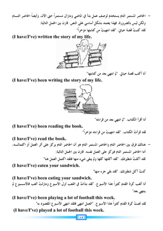 ١٢
-
‫ﺍﳊﺎﺿﺮ‬
‫ﺍ‬ ‫ﺍﳌﺴﺘﻤﺮ‬
‫ﻳ‬ ‫ﻟﺘﺎﻡ‬
‫ﺴ‬
‫ﺘ‬
‫ﰲ‬ ‫ﺑﺪﺃ‬ ‫ﻋﻤﻞ‬ ‫ﻟﻮﺻﻒ‬ ‫ﺨﺪﻡ‬
،‫ﺍﻵﻥ‬ ‫ﺣﱴ‬ ‫ﹰ‬‫ﺍ‬‫ﻣﺴﺘﻤﺮ‬ ‫ﻭﻣﺎﺯﺍﻝ‬ ‫ﺍﳌﺎﺿﻲ‬
‫ﹰ‬‫ﺎ‬‫ﻭﺃﻳﻀ‬
‫ﺍﻟﺘـﺎﻡ‬ ‫ﺍﳊﺎﺿﺮ‬
‫ﺑﺎﻟﻀﺮﻭﺭﺓ‬ ‫ﻟﻴﺲ‬ ‫ﻭﻟﻜﻦ‬
،
‫ﻳﻌﺘﻤﺪ‬ ‫ﻓﻬﺬﺍ‬
‫ﺃﺳﺎﺳﻲ‬ ‫ﺑﺸﻜﻞ‬
‫ﺍﻟﻨﺺ‬ ‫ﻋﻠﻰ‬
.
‫ﻗ‬
‫ﺑﲔ‬ ‫ﺎﺭﻥ‬
‫ﺍﳉﻤﻞ‬
‫ﺍﻟﺘﺎﻟﻴ‬
‫ﺔ‬
:

‫ﺖ‬‫ﻛﺘﺒ‬ ‫ﻟﻘﺪ‬
‫ﺣﻴﺎﰐ‬ ‫ﻗﺼﺔ‬
 .
‫ﺍﻧﺘﻬ‬ ‫ﻟﻘﺪ‬

‫ﺖ‬‫ﻴ‬
‫ﻛﺘﺎﺑﺘﻬ‬ ‫ﻣﻦ‬
‫ﺎ‬
‫ﹰ‬‫ﺍ‬‫ﻣﺆﺧﺮ‬

(I have/I've) written the story of my life.
‫ﺣﻴﺎﰐ‬ ‫ﻗﺼﺔ‬ ‫ﺃﻛﺘﺐ‬ ‫ﺃﻧﺎ‬
 .
‫ﻛﺘﺎﺑﺘﻬﺎ‬ ‫ﻣﻦ‬ ‫ﺑﻌﺪ‬ ‫ﺍﻧﺘﻬﻲ‬ ‫ﱂ‬

(I have/I've) been writing the story of my life.
‫ﺍﻟﻜﺘﺎﺏ‬ ‫ﺃﻗﺮﺃ‬ ‫ﺃﻧﺎ‬
.

‫ﱂ‬
‫ﺍﻧﺘﻬﻲ‬
‫ﻗﺮﺍﺀﺗﻪ‬ ‫ﻣﻦ‬ ‫ﺑﻌﺪ‬

(I have/I've) been reading the book.

‫ﺕ‬‫ﻗﺮﺃ‬ ‫ﻟﻘﺪ‬
‫ﺍﻟﻜﺘﺎﺏ‬
.


‫ﺖ‬‫ﺍﻧﺘﻬﻴ‬ ‫ﻟﻘﺪ‬
‫ﹰ‬‫ﺍ‬‫ﻣﺆﺧﺮ‬ ‫ﻗﺮﺍﺀﺗﻪ‬ ‫ﻣﻦ‬

(I have/I've) read the book.
-
‫ﻓﺮﻕ‬ ‫ﻫﻨﺎﻟﻚ‬
‫ﺑﲔ‬
‫ﺍﻟﺘﺎﻡ‬ ‫ﺍﳊﺎﺿﺮ‬
‫ﺍﻟﺘﺎﻡ‬ ‫ﺍﳌﺴﺘﻤﺮ‬ ‫ﻭﺍﳊﺎﺿﺮ‬
‫ﻋﻠﻰ‬ ‫ﻳﺮﻛﺰ‬ ‫ﺍﻟﺘﺎﻡ‬ ‫ﺍﳊﺎﺿﺮ‬ ‫ﺃﻥ‬ ‫ﻫﻮ‬
‫ﺃﺛﺮ‬
،‫ﺍﻛﺘﻤﺎﻟـﻪ‬ ‫ﺃﻭ‬ ‫ﺍﻟﻌﻤﻞ‬
‫ﻧﻔﺴﻪ‬ ‫ﺍﻟﻌﻤﻞ‬ ‫ﻋﻠﻰ‬ ‫ﻓﲑﻛﺰ‬ ‫ﺍﻟﺘﺎﻡ‬ ‫ﺍﳌﺴﺘﻤﺮ‬ ‫ﺍﳊﺎﺿﺮ‬ ‫ﺃﻣﺎ‬
.
‫ﺑﲔ‬ ‫ﻗﺎﺭﻥ‬
‫ﺍﻟﺘﺎﻟﻴﺔ‬ ‫ﺍﳉﻤﻞ‬
:
‫ﺷﻄﲑﺗﻚ‬ 
‫ﺖ‬‫ﺃﻛﻠ‬ ‫ﻟﻘﺪ‬
 .
‫ﺃﻛﻠﺘﻬﺎ‬ ‫ﻟﻘﺪ‬
‫ﻣﻨﻬﺎ‬ ‫ﺷﻲﺀ‬ ‫ﻳﺒﻘﻰ‬ ‫ﻭﱂ‬ ‫ﻛﻠﻬﺎ‬
‫ﺍ‬ ‫ﻓﻠﻘﺪ‬
‫ﺍﻟﻌﻤﻞ‬ ‫ﻛﺘﻤﻞ‬
‫ﻫﻨﺎ‬

(I have/I've) eaten your sandwich.
‫ﺷﻄﲑﺗﻚ‬ ‫ﺁﻛﻞ‬ 
‫ﺖ‬‫ﻛﻨ‬
 .
‫ﻟﻘﺪ‬
‫ﻣﻨﻬﺎ‬ ‫ﺟﺰﺀ‬ ‫ﺑﻘﻲ‬

(I have/I've) been eating your sandwich.
‫ﺍﻷﺳﺒﻮﻉ‬ ‫ﻫﺬﺍ‬ ‫ﹰ‬‫ﺍ‬‫ﻛﺜﲑ‬ ‫ﺍﻟﻘﺪﻡ‬ ‫ﻛﺮﺓ‬ ‫ﺃﻟﻌﺐ‬ ‫ﺃﻧﺎ‬
 .

‫ﺕ‬‫ﺑﺪﺃ‬ ‫ﻟﻘﺪ‬

‫ﺖ‬‫ﻭﻣﺎﺯﻟ‬ ‫ﺍﻷﺳﺒﻮﻉ‬ ‫ﺃﻭﻝ‬ ‫ﺍﻟﻠﻌﺐ‬ ‫ﰲ‬
‫ﻓ‬ ‫ﺃﻟﻌﺐ‬
‫ﺎﻷﺳـﺒﻮﻉ‬
‫ﱂ‬
‫ﺑﻌﺪ‬ ‫ﻳﻨﺘﻬﻲ‬

(I have/I've) been playing a lot of football this week.

‫ﺖ‬‫ﻟﻌﺒ‬ ‫ﻟﻘﺪ‬
‫ﻫﺬﺍ‬ ‫ﹰ‬‫ﺍ‬‫ﻛﺜﲑ‬ ‫ﺍﻟﻘﺪﻡ‬ ‫ﻛﺮﺓ‬
‫ﺍﻷﺳﺒﻮﻉ‬
 .
‫ﺑﻪ‬ ‫ﺍﳌﻘﺼﻮﺩ‬ ‫ﺍﻷﺳﺒﻮﻉ‬ ‫ﺍﻧﺘﻬﻰ‬ ‫ﻓﻠﻘﺪ‬ ‫ﺍﻧﺘﻬﻰ‬ ‫ﺍﻟﻌﻤﻞ‬

(I have/I've) played a lot of football this week.
 