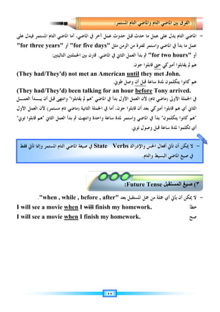 ‫ﻋﻠﻰ‬
for three years
(They had
(They had
‫ﺍﻟﻌﻤـﻞ‬ ‫ﻳﺒـﺪﺃ‬ ‫ﺃﻥ‬ ‫ﻗﺒﻞ‬ ‫ﻭﺍﻧﺘﻬﻰ‬
‫ﺍﻷﻭﻝ‬ ‫ﺍﻟﻌﻤﻞ‬ ‫ﻷﻥ‬
‫ﺗﻮﱐ‬ ‫ﻗﺎﺑﻠﻮﺍ‬

I
I
‫ﻓﻘﻂ‬ ‫ﺗﺄﰐ‬ ‫ﻭﺇﳕﺎ‬ ‫ﺍﳌﺴﺘﻤﺮ‬ ‫ﺍﻟﺘﺎﻡ‬ ‫ﺍﳌﺎﺿﻲ‬ ‫ﺻﻴﻐﺔ‬ ‫ﰲ‬
‫ﺍﳌﺴﺘﻤﺮ‬ ‫ﺍﻟﺘﺎﻡ‬ ‫ﺍﳌﺎﺿﻲ‬ ‫ﺃﻣﺎ‬ ،
‫ﻓﻴﺪﻝ‬
‫ﻋﻠﻰ‬
for three years
They had
They had
‫ﺍﻟﻌﻤـﻞ‬ ‫ﻳﺒـﺪﺃ‬ ‫ﺃﻥ‬ ‫ﻗﺒﻞ‬ ‫ﻭﺍﻧﺘﻬﻰ‬
‫ﺍﻷﻭﻝ‬ ‫ﺍﻟﻌﻤﻞ‬ ‫ﻷﻥ‬
‫ﻫﻢ‬
‫ﺗﻮﱐ‬ ‫ﻗﺎﺑﻠﻮﺍ‬

.
I will see a movie
I will see a movie
‫ﻓﻘﻂ‬ ‫ﺗﺄﰐ‬ ‫ﻭﺇﳕﺎ‬ ‫ﺍﳌﺴﺘﻤﺮ‬ ‫ﺍﻟﺘﺎﻡ‬ ‫ﺍﳌﺎﺿﻲ‬ ‫ﺻﻴﻐﺔ‬ ‫ﰲ‬
‫ﺍﳌﺴﺘﻤﺮ‬ ‫ﺍﻟﺘﺎﻡ‬ ‫ﺍﳌﺎﺿﻲ‬ ‫ﺃﻣﺎ‬ ،
for three years
‫ﺍﻟﺘﺎﻟﻴﺘﲔ‬
:
They had/They'd)
They had/They'd)
‫ﺍﻟﻌﻤـﻞ‬ ‫ﻳﺒـﺪﺃ‬ ‫ﺃﻥ‬ ‫ﻗﺒﻞ‬ ‫ﻭﺍﻧﺘﻬﻰ‬
‫ﻣﺴﺘﻤﺮ‬ ‫ﺗﺎﻡ‬ ‫ﻣﺎﺿﻲ‬
(
‫ﺍﻷﻭﻝ‬ ‫ﺍﻟﻌﻤﻞ‬ ‫ﻷﻥ‬
‫ﺍﻟﺜﺎﱐ‬ ‫ﺍﻟﻌﻤﻞ‬ ‫ﺑﺪﺃ‬ ‫ﰒ‬

‫ﻫﻢ‬
when , while , before , after
see a movie
see a movie
‫ﻓﻘﻂ‬ ‫ﺗﺄﰐ‬ ‫ﻭﺇﳕﺎ‬ ‫ﺍﳌﺴﺘﻤﺮ‬ ‫ﺍﻟﺘﺎﻡ‬ ‫ﺍﳌﺎﺿﻲ‬ ‫ﺻﻴﻐﺔ‬ ‫ﰲ‬
‫ﺍﳌﺎﺿﻲ‬ ‫ﰲ‬ ‫ﺁﺧﺮ‬ ‫ﻋﻤﻞ‬ ‫ﺣﺪﻭﺙ‬ ‫ﻗﺒﻞ‬
‫ﺍﳌﺴﺘﻤﺮ‬ ‫ﺍﻟﺘﺎﻡ‬ ‫ﺍﳌﺎﺿﻲ‬ ‫ﺃﻣﺎ‬ ،
for five days
‫ﺃﻭ‬
for three years
‫ﺍﳉﻤﻠﺘﲔ‬ ‫ﺑﲔ‬ ‫ﻗﺎﺭﻥ‬
‫ﺍﻟﺘﺎﻟﻴﺘﲔ‬
/They'd) not met an American
/They'd) been talking for an hour
‫ﻳﻘﺎﺑﻠﻮﺍ‬ ‫ﱂ‬

‫ﺍﻟﻌﻤـﻞ‬ ‫ﻳﺒـﺪﺃ‬ ‫ﺃﻥ‬ ‫ﻗﺒﻞ‬ ‫ﻭﺍﻧﺘﻬﻰ‬
)
‫ﻣﺴﺘﻤﺮ‬ ‫ﺗﺎﻡ‬ ‫ﻣﺎﺿﻲ‬
‫ﻭﺍﻧﺘﻬﺖ‬ ‫ﻭﺍﺣﺪﺓ‬ ‫ﺳﺎﻋﺔ‬ ‫ﳌﺪﺓ‬ ‫ﻭﺍﺳﺘﻤﺮ‬
‫ﺍﻟﺜﺎﱐ‬ ‫ﺍﻟﻌﻤﻞ‬ ‫ﺑﺪﺃ‬ ‫ﰒ‬
when , while , before , after
see a movie when
see a movie when
‫ﻓﻘﻂ‬ ‫ﺗﺄﰐ‬ ‫ﻭﺇﳕﺎ‬ ‫ﺍﳌﺴﺘﻤﺮ‬ ‫ﺍﻟﺘﺎﻡ‬ ‫ﺍﳌﺎﺿﻲ‬ ‫ﺻﻴﻐﺔ‬ ‫ﰲ‬
‫ﺍﳌﺎﺿﻲ‬ ‫ﰲ‬ ‫ﺁﺧﺮ‬ ‫ﻋﻤﻞ‬ ‫ﺣﺪﻭﺙ‬ ‫ﻗﺒﻞ‬
for five days
.
‫ﺍﳉﻤﻠﺘﲔ‬ ‫ﺑﲔ‬ ‫ﻗﺎﺭﻥ‬
not met an American
been talking for an hour
‫ﺍﳌﺎﺿﻲ‬ ‫ﰲ‬ ‫ﺑﺪﺃ‬ ‫ﺍﻷﻭﻝ‬ ‫ﺍﻟﻌﻤﻞ‬ ‫ﻷﻥ‬

‫ﻫﻢ‬
‫ﻳﻘﺎﺑﻠﻮﺍ‬ ‫ﱂ‬
‫ﺍﻟﺜﺎﻧﻴﺔ‬ ‫ﺍﳉﻤﻠﺔ‬ ‫ﰲ‬ ‫ﺃﻣﺎ‬
)
‫ﻭﺍﻧﺘﻬﺖ‬ ‫ﻭﺍﺣﺪﺓ‬ ‫ﺳﺎﻋﺔ‬ ‫ﳌﺪﺓ‬ ‫ﻭﺍﺳﺘﻤﺮ‬
when , while , before , after
I will finish
I finish
State Verbs
‫ﻓﻘﻂ‬ ‫ﺗﺄﰐ‬ ‫ﻭﺇﳕﺎ‬ ‫ﺍﳌﺴﺘﻤﺮ‬ ‫ﺍﻟﺘﺎﻡ‬ ‫ﺍﳌﺎﺿﻲ‬ ‫ﺻﻴﻐﺔ‬ ‫ﰲ‬
٢٢
‫ﺍﳌﺎﺿﻲ‬ ‫ﰲ‬ ‫ﺁﺧﺮ‬ ‫ﻋﻤﻞ‬ ‫ﺣﺪﻭﺙ‬ ‫ﻗﺒﻞ‬
‫ﻣﺜﻞ‬
for five days
‫ﺍﻟﺜﺎﱐ‬ ‫ﺍﻟﻌﻤﻞ‬ ‫ﺑﺪﺃ‬
‫ﺍﳌﺎﺿﻲ‬ ‫ﰲ‬
.
not met an American
‫ﻮﱐ‬
.
been talking for an hour
‫ﺍﳌﺎﺿﻲ‬ ‫ﰲ‬ ‫ﺑﺪﺃ‬ ‫ﺍﻷﻭﻝ‬ ‫ﺍﻟﻌﻤﻞ‬ ‫ﻷﻥ‬
،‫ﺟﻮﻥ‬ ‫ﻗﺎﺑﻠﻮﺍ‬ ‫ﺃﻥ‬ ‫ﺑﻌﺪ‬ ‫ﺃﻣﲑﻛﻲ‬ ‫ﻗﺎﺑﻠﻮﺍ‬
‫ﺍﻟﺜﺎﻧﻴﺔ‬ ‫ﺍﳉﻤﻠﺔ‬ ‫ﰲ‬ ‫ﺃﻣﺎ‬
‫ﻭﺍﻧﺘﻬﺖ‬ ‫ﻭﺍﺣﺪﺓ‬ ‫ﺳﺎﻋﺔ‬ ‫ﳌﺪﺓ‬ ‫ﻭﺍﺳﺘﻤﺮ‬
when , while , before , after
finish my homework.
my homework.
‫ﺍﳌﺴﺘﻤﺮ‬
:
State Verbs
‫ﺣﺪﺙ‬
‫ﺍﳌﺎﺿﻲ‬ ‫ﰲ‬ ‫ﺁﺧﺮ‬ ‫ﻋﻤﻞ‬ ‫ﺣﺪﻭﺙ‬ ‫ﻗﺒﻞ‬
‫ﺍﻟﺰﻣﻦ‬ ‫ﻣﻦ‬ ‫ﻟﻔﺘﺮﺓ‬ ‫ﻭﺍﺳﺘﻤﺮ‬
‫ﺍﻟﺜﺎﱐ‬ ‫ﺍﻟﻌﻤﻞ‬ ‫ﺑﺪﺃ‬
‫ﺟﻮﻥ‬ ‫ﻗﺎﺑﻠﻮﺍ‬
.
not met an American until
‫ﻗﺒﻞ‬
‫ﺃﻥ‬
‫ﻭﺻﻞ‬
‫ﻃ‬
‫ﻮﱐ‬
been talking for an hour before
‫ﺍﳌﺎﺿﻲ‬ ‫ﰲ‬ ‫ﺑﺪﺃ‬ ‫ﺍﻷﻭﻝ‬ ‫ﺍﻟﻌﻤﻞ‬ ‫ﻷﻥ‬
،‫ﺟﻮﻥ‬ ‫ﻗﺎﺑﻠﻮﺍ‬ ‫ﺃﻥ‬ ‫ﺑﻌﺪ‬ ‫ﺃﻣﲑﻛﻲ‬ ‫ﻗﺎﺑﻠﻮﺍ‬
‫ﺍﳌﺎﺿﻲ‬ ‫ﰲ‬ ‫ﺑﺪﺃ‬
‫ﻭﺍﻧﺘﻬﺖ‬ ‫ﻭﺍﺣﺪﺓ‬ ‫ﺳﺎﻋﺔ‬ ‫ﳌﺪﺓ‬ ‫ﻭﺍﺳﺘﻤﺮ‬
‫ﺗﻮﱐ‬
.
‫ﺍﳌﺴﺘﻘﺒﻞ‬ ‫ﲨﻞ‬
‫ﺑﻌﺪ‬
my homework.
my homework.
Future Tense
:
‫ﻭﺍﳌﺎﺿﻲ‬
‫ﺍﻟﺘﺎﻡ‬
‫ﺍﳌﺴﺘﻤﺮ‬
‫ﻭﺍﻹﺩﺭﺍﻙ‬ ‫ﺍﳊﺲ‬ ‫ﺃﻓﻌﺎﻝ‬ ‫ﺗﺄﰐ‬ ‫ﺃﻥ‬ ‫ﳝﻜﻦ‬ ‫ﻻ‬
State Verbs
‫ﻋﻠﻰ‬ ‫ﻳﺪﻝ‬
‫ﻋﻤﻞ‬
‫ﻣﺎ‬
‫ﺣﺪﺙ‬
‫ﺍﻟﺰﻣﻦ‬ ‫ﻣﻦ‬ ‫ﻟﻔﺘﺮﺓ‬ ‫ﻭﺍﺳﺘﻤﺮ‬
for two hours
‫ﰒ‬
‫ﺍﻟﺜﺎﱐ‬ ‫ﺍﻟﻌﻤﻞ‬ ‫ﺑﺪﺃ‬
‫ﺣﱴ‬
‫ﺟﻮﻥ‬ ‫ﻗﺎﺑﻠﻮﺍ‬
until they met John.
‫ﺳﺎﻋﺔ‬ ‫ﳌﺪﺓ‬ ‫ﻳﺘﻜﻠﻤﻮﻥ‬
‫ﻗﺒﻞ‬
before Tony arrived.
‫ﻣﺎﺿﻲ‬
‫ﺗﺎﻡ‬
(
‫ﺍﳌﺎﺿﻲ‬ ‫ﰲ‬ ‫ﺑﺪﺃ‬ ‫ﺍﻷﻭﻝ‬ ‫ﺍﻟﻌﻤﻞ‬ ‫ﻷﻥ‬
،‫ﺟﻮﻥ‬ ‫ﻗﺎﺑﻠﻮﺍ‬ ‫ﺃﻥ‬ ‫ﺑﻌﺪ‬ ‫ﺃﻣﲑﻛﻲ‬ ‫ﻗﺎﺑﻠﻮﺍ‬
‫ﺍﳌﺎﺿﻲ‬ ‫ﰲ‬ ‫ﺑﺪﺃ‬
‫ﻗﺒﻞ‬ ‫ﺳﺎﻋﺔ‬ ‫ﳌﺪﺓ‬ ‫ﺗﻜﻠﻤﻮﺍ‬ ‫ﺃﻱ‬
‫ﻭﺻﻮﻝ‬
‫ﺗﻮﱐ‬
‫ﻣﻦ‬ ‫ﲨﻠﺔ‬ ‫ﺃﻱ‬
‫ﺍﳌﺴﺘﻘﺒﻞ‬ ‫ﲨﻞ‬
my homework.
my homework.
Future Tense
‫ﺍﻟﺘﺎﻡ‬ ‫ﺍﳌﺎﺿﻲ‬
‫ﻭﺍﳌﺎﺿﻲ‬
‫ﻭﺍﻹﺩﺭﺍﻙ‬ ‫ﺍﳊﺲ‬ ‫ﺃﻓﻌﺎﻝ‬ ‫ﺗﺄﰐ‬ ‫ﺃﻥ‬ ‫ﳝﻜﻦ‬ ‫ﻻ‬
‫ﻭﺍﻟﺘﺎﻡ‬ ‫ﺍﻟﺒﺴﻴﻂ‬ ‫ﺍﳌﺎﺿﻲ‬ ‫ﺻﻴﻎ‬ ‫ﰲ‬
.
‫ﺍﻟﺘﺎﻡ‬ ‫ﺍﳌﺎﺿﻲ‬
‫ﻋﻠﻰ‬ ‫ﻳﺪﻝ‬
‫ﺍﳌﺎﺿﻲ‬ ‫ﰲ‬ ‫ﺑﺪﺃ‬
for two hours
‫ﺃﻣﲑﻛﻲ‬ ‫ﻳﻘﺎﺑﻠﻮﺍ‬ ‫ﱂ‬ ‫ﻫﻢ‬
‫ﺣﱴ‬
they met John.
‫ﺳﺎﻋﺔ‬ ‫ﳌﺪﺓ‬ ‫ﻳﺘﻜﻠﻤﻮﻥ‬
Tony arrived.
‫ﺍﻷﻭﱃ‬ ‫ﺍﳉﻤﻠﺔ‬ ‫ﰲ‬
)
‫ﻣﺎﺿﻲ‬
‫ﻫﻢ‬ ‫ﺃﻱ‬
،‫ﺟﻮﻥ‬ ‫ﻗﺎﺑﻠﻮﺍ‬ ‫ﺃﻥ‬ ‫ﺑﻌﺪ‬ ‫ﺃﻣﲑﻛﻲ‬ ‫ﻗﺎﺑﻠﻮﺍ‬
‫ﻳﺘﻜﻠﻤﻮﻥ‬ ‫ﻛﺎﻧﻮﺍ‬

‫ﺍﳌﺎﺿﻲ‬ ‫ﰲ‬ ‫ﺑﺪﺃ‬
‫ﻗﺒﻞ‬ ‫ﺳﺎﻋﺔ‬ ‫ﳌﺪﺓ‬ ‫ﺗﻜﻠﻤﻮﺍ‬ ‫ﺃﻱ‬
‫ﺃﻥ‬ ‫ﳝﻜﻦ‬ ‫ﻻ‬
‫ﻳ‬
‫ﺄﰐ‬
‫ﻣﻦ‬ ‫ﲨﻠﺔ‬ ‫ﺃﻱ‬
  ‫ا‬
Future Tense
‫ﺑﲔ‬ ‫ﺍﻟﻔﺮﻕ‬
‫ﺍﻟﺘﺎﻡ‬ ‫ﺍﳌﺎﺿﻲ‬
‫ﻭﺍﻹﺩﺭﺍﻙ‬ ‫ﺍﳊﺲ‬ ‫ﺃﻓﻌﺎﻝ‬ ‫ﺗﺄﰐ‬ ‫ﺃﻥ‬ ‫ﳝﻜﻦ‬ ‫ﻻ‬
‫ﻭﺍﻟﺘﺎﻡ‬ ‫ﺍﻟﺒﺴﻴﻂ‬ ‫ﺍﳌﺎﺿﻲ‬ ‫ﺻﻴﻎ‬ ‫ﰲ‬
‫ﺍﻟﺘﺎﻡ‬ ‫ﺍﳌﺎﺿﻲ‬
‫ﻋﻤﻞ‬
‫ﻣﺎ‬
‫ﺍﳌﺎﺿﻲ‬ ‫ﰲ‬ ‫ﺑﺪﺃ‬
‫ﺃﻭ‬
for two hours
‫ﺃﻣﲑﻛﻲ‬ ‫ﻳﻘﺎﺑﻠﻮﺍ‬ ‫ﱂ‬ ‫ﻫﻢ‬
they met John.
‫ﻫﻢ‬
‫ﻛﺎﻧﻮﺍ‬
‫ﺳﺎﻋﺔ‬ ‫ﳌﺪﺓ‬ ‫ﻳﺘﻜﻠﻤﻮﻥ‬
Tony arrived.
‫ﺍﻷﻭﱃ‬ ‫ﺍﳉﻤﻠﺔ‬ ‫ﰲ‬
‫ﺍﻟﺜﺎﱐ‬
‫ﻫﻢ‬ ‫ﺃﻱ‬

‫ﻫﻢ‬
‫ﻳﺘﻜﻠﻤﻮﻥ‬ ‫ﻛﺎﻧﻮﺍ‬
‫ﻗﺒﻞ‬ ‫ﺳﺎﻋﺔ‬ ‫ﳌﺪﺓ‬ ‫ﺗﻜﻠﻤﻮﺍ‬ ‫ﺃﻱ‬
‫ﺃﻥ‬ ‫ﳝﻜﻦ‬ ‫ﻻ‬
‫ﺧﻄﺄ‬
‫ﺻﺢ‬
٣
(
  ‫ا‬
‫ﺑﲔ‬ ‫ﺍﻟﻔﺮﻕ‬
-
‫ﻭﺍﻹﺩﺭﺍﻙ‬ ‫ﺍﳊﺲ‬ ‫ﺃﻓﻌﺎﻝ‬ ‫ﺗﺄﰐ‬ ‫ﺃﻥ‬ ‫ﳝﻜﻦ‬ ‫ﻻ‬
‫ﻭﺍﻟﺘﺎﻡ‬ ‫ﺍﻟﺒﺴﻴﻂ‬ ‫ﺍﳌﺎﺿﻲ‬ ‫ﺻﻴﻎ‬ ‫ﰲ‬
-
-
-
٣
-
-
 
