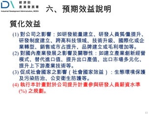 13
質化效益
(1) 對公司之影響：如研發能量建立、研發人員質∕量提升、
研發制度建立、跨高科技領域、技術升級、國際化或企
業轉型、銷售或市占提升、品牌建立或毛利增加等。
(2) 對國內產業發展之影響及關聯性：如建立產業創新經營
模式、替代進口值、提升出口產值、出口市場多元化、
提升上下游產業技術等。
(3) 促成社會國家之影響（社會國家效益）：生態環境保護
及污染防治、公安衛生防護等。
(4) 執行本計畫對於公司提升計畫參與研發人員薪資水準
(%) 之規劃。
六、預期效益說明
 