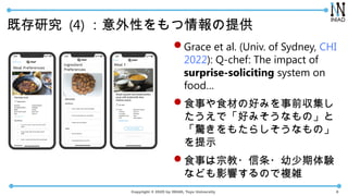 Copyright ? 2025 by INIAD, Toyo University
ȴо (4) Ԥṩ
?Grace et al. (Univ. of Sydney, CHI
2022): Q-chef: The impact of
surprise-soliciting system on
food
?ʳ¤ʳĤκäߤǰ
ǡäߤʤΡ
@⤿餷ʤΡ
ʾ
?ʳ¤ڽ??Y
ʤɤӰ푤Τ}j
6
 