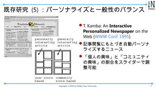 Copyright ? 2025 by INIAD, Toyo University
ȴо (5) ѩ`ʥ饤һԤΥХ
?T. Kamba: An Interactive
Personalized Newspaper on the
Web (WWW Conf. 1995)
?ӛEˤȤŤԄӥѩ`
饤˥`
?ˤdζȡߥ˥ƥ
dζθϤ򥹥饤`{

7
 