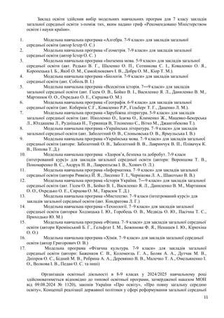 11
Заклад освіти здійснив вибір модельних навчальних програм для 7 класу закладів
загальної середньої освіти з-поміж тих, яким надано гриф «Рекомендовано Міністерством
освіти і науки країни».
1. Модельна навчальна програма «Алгебра. 7-9 класи» для закладів загальної
середньої освіти (автор Істер О. С.)
2. Модельна навчальна програма «Геометрія. 7-9 класи» для закладів загальної
середньої освіти (автор Істер О. С. )
3. Модельна навчальна програма «Іноземна мова. 5-9 класи» для закладів загальної
середньої освіти (авт. Редько В. Г., Шаленко О. П., Сотникова С. І., Коваленко О. Я.,
Коропецька І. Б., Якоб О. М., Самойлюкевич І. В., Добра О. М., Кіор Т. М.).
4. Модельна навчальна програма «Біологія. 7-9 класи» для закладів загальної
середньої освіти (авт. Соболь В. І.)
5. Модельна навчальна програма «Всесвітня історія. 7―9 класи» для закладів
загальної середньої освіти (авт. Гісем О. В., Бойко В. І., Василенко Я. Л., Даниленко В. М.,
Мартинюк О. О., Охредько О. Е., Сирцова О. М.)
6. Модельна навчальна програма «Географія. 6-9 класи» для закладів загальної
середньої освіти (авт. Кобернік С.Г., Коваленко Р.Р., Гільберг Т. Г., Даценко Л. М.).
7. Модельна навчальна програма «Зарубіжна література. 5-9 класи» для закладів
загальної середньої освіти (авт. Ніколенко О., Ісаєва О., Клименко Ж., Мацевко-Бекерська
Л., Юлдашева Л., Рудніцька Н., Туряниця В, Тіхоненко С., Вітко М., Джангобекова Т.).
8. Модельна навчальна програма «Українська література. 7–9 класи» для закладів
загальної середньої освіти (авт. Заболотний О. В., Слоньовська О. В., Ярмульська І. В.)
9. Модельна навчальна програма «Українська мова. 7–9 класи» для закладів загальної
середньої освіти (автори: Заболотний О. В., Заболотний В. В., Лавринчук В. П., Плівачук К.
В., Попова Т. Д.)
10. Модельна навчальна програма «Здоров’я, безпека та добробут. 7-9 класи
(інтегрований курс)» для закладів загальної середньої освіти (автори: Воронцова Т. В.,
Пономаренко В. С., Андрук Н. В., Лаврентьєва І. В., Хомич О. Л.)
11. Модельна навчальна програма «Інформатика. 7–9 класи» для закладів загальної
середньої освіти (автори Ривкінд Й. Я., Лисенко Т. І., Чернікова Л. А., Шакотько В. В.)
12. Модельна навчальна програма «Історія України. 7―9 класи» для закладів загальної
середньої освіти (авт. Гісем О. В., Бойко В. І., Василенко Я. Л., Даниленко В. М., Мартинюк
О. О., Охредько О. Е., Сирцова О. М., Тарасюк Т. Д.)
13. Модельна навчальна програма «Мистецтво. 7–9 класи (інтегрований курс)» для
закладів загальної середньої освіти (авт. Кондратова Л. Г.)
14. Модельна навчальна програма «Технології. 7–9 класи» для закладів загальної
середньої освіти (авторки Ходзицька І. Ю., Горобець О. В., Медвідь О. Ю., Пасічна Т. С.,
Приходько Ю. М.)
15. Модельна навчальна програма «Фізика. 7–9 класи» для закладів загальної середньої
освіти (автори Кремінський Б. Г., Гельфгат І. М., Божинова Ф. Я., Ненашев І. Ю., Кірюхіна
О. О.)
16. Модельна навчальна програма «Хімія. 7–9 класи» для закладів загальної середньої
освіти (автор Григорович О. В.)
17. Модельна програма «Фізична культура. 7-9 класи» для закладів загальної
середньої освіти (автори: Баженков Є. В., Коломоєць Г. А., Боляк А. А., Дутчак М. В.,
Дніпров О. С., Бідний М. В., Ребрина А. А., Деревянко В. В., Малечко Т. А., Омельяненко І.
О., Волкова І. В., Педан О. С. та інші)
Організація освітньої діяльності в 8-9 класах у 2024/2025 навчальному році
здійснюватиметься відповідно до типової освітньої програми, затвердженої наказом МОН
від 09.08.2024 № 1120), законів України «Про освіту», «Про повну загальну середню
освіту», Концепції реалізації державної політики у сфері реформування загальної середньої
 
