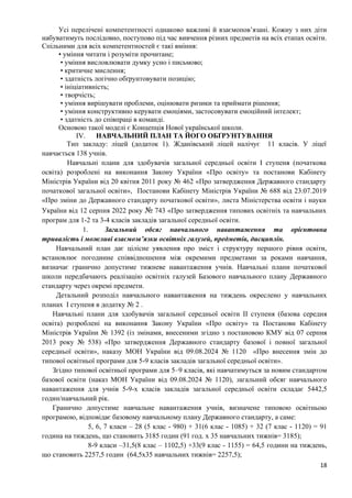 18
Усі перелічені компетентності однаково важливі й взаємопов’язані. Кожну з них діти
набуватимуть послідовно, поступово під час вивчення різних предметів на всіх етапах освіти.
Спільними для всіх компетентностей є такі вміння:
• уміння читати і розуміти прочитане;
• уміння висловлювати думку усно і письмово;
• критичне мислення;
• здатність логічно обґрунтовувати позицію;
• ініціативність;
• творчість;
• уміння вирішувати проблеми, оцінювати ризики та приймати рішення;
• уміння конструктивно керувати емоціями, застосовувати емоційний інтелект;
• здатність до співпраці в команді.
Основою такої моделі є Концепція Нової української школи.
IV. НАВЧАЛЬНИЙ ПЛАН ТА ЙОГО ОБҐРУНТУВАННЯ
Тип закладу: ліцей (додаток 1). Жданівський ліцей налічує 11 класів. У ліцеї
навчається 138 учнів.
Навчальні плани для здобувачів загальної середньої освіти І ступеня (початкова
освіта) розроблені на виконання Закону України «Про освіту» та постанови Кабінету
Міністрів України від 20 квітня 2011 року № 462 «Про затвердження Державного стандарту
початкової загальної освіти», Постанови Кабінету Міністрів України № 688 від 23.07.2019
«Про зміни до Державного стандарту початкової освіти», листа Міністерства освіти і науки
України від 12 серпня 2022 року № 743 «Про затвердження типових освітніх та навчальних
програм для 1-2 та 3-4 класів закладів загальної середньої освіти.
1. Загальний обсяг навчального навантаження та орієнтовна
тривалість і можливі взаємозв’язки освітніх галузей, предметів, дисциплін.
Навчальний план дає цілісне уявлення про зміст і структуру першого рівня освіти,
встановлює погодинне співвідношення між окремими предметами за роками навчання,
визначає гранично допустиме тижневе навантаження учнів. Навчальні плани початкової
школи передбачають реалізацію освітніх галузей Базового навчального плану Державного
стандарту через окремі предмети.
Детальний розподіл навчального навантаження на тиждень окреслено у навчальних
планах І ступеня в додатку № 2 .
Навчальні плани для здобувачів загальної середньої освіти ІІ ступеня (базова середня
освіта) розроблені на виконання Закону України «Про освіту» та Постанови Кабінету
Міністрів України № 1392 (із змінами, внесеними згідно з постановою КМУ від 07 серпня
2013 року № 538) «Про затвердження Державного стандарту базової і повної загальної
середньої освіти», наказу МОН України від 09.08.2024 № 1120 «Про внесення змін до
типової освітньої програми для 5-9 класів закладів загальної середньої освіти».
Згідно типової освітньої програми для 5–9 класів, які навчатимуться за новим стандартом
базової освіти (наказ МОН України від 09.08.2024 № 1120), загальний обсяг навчального
навантаження для учнів 5-9-х класів закладів загальної середньої освіти складає 5442,5
годин/навчальний рік.
Гранично допустиме навчальне навантаження учнів, визначене типовою освітньою
програмою, відповідає базовому навчальному плану Державного стандарту, а саме:
5, 6, 7 класи – 28 (5 клас - 980) + 31(6 клас - 1085) + 32 (7 клас - 1120) = 91
година на тиждень, що становить 3185 годин (91 год. х 35 навчальних тижнів= 3185);
8-9 класи –31,5(8 клас – 1102,5) +33(9 клас - 1155) = 64,5 години на тиждень,
що становить 2257,5 годин (64,5х35 навчальних тижнів= 2257,5);
 
