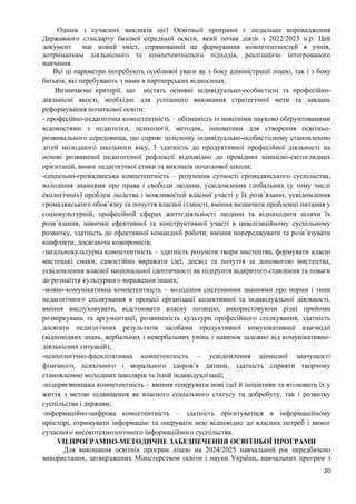 20
Одним з сучасних викликів цієї Освітньої програми є подальше впровадження
Державного стандарту базової середньої освіти, який почав діяти з 2022/2023 н.р. Цей
документ має новий зміст, спрямований на формування компетентностей в учнів,
дотриманням діяльнісного та компетентнісного підходів, реалізацією інтегрованого
навчання.
Всі ці параметри потребують особливої уваги як з боку адміністрації ліцею, так і з боку
батьків, які перебувають з нами в партнерських відносинах.
Визначаємо критерії, що містять основні індивідуально-особистісні та професійно-
діяльнісні якості, необхідні для успішного виконання стратегічної мети та завдань
реформування початкової освіти:
- професійно-педагогічна компетентність – обізнаність із новітніми науково обґрунтованими
відомостями з педагогіки, психології, методик, інноватики для створення освітньо-
розвивального середовища, що сприяє цілісному індивідуально-особистісному становленню
дітей молодшого шкільного віку, 3 здатність до продуктивної професійної діяльності на
основі розвиненої педагогічної рефлексії відповідно до провідних ціннісно-світоглядних
орієнтацій, вимог педагогічної етики та викликів початкової школи;
-соціально-громадянська компетентність – розуміння сутності громадянського суспільства,
володіння знаннями про права і свободи людини, усвідомлення глобальних (у тому числі
екологічних) проблем людства і можливостей власної участі у їх розв’язанні, усвідомлення
громадянського обов’язку та почуття власної гідності, вміння визначати проблемні питання у
соціокультурній, професійній сферах життєдіяльності людини та віднаходити шляхи їх
розв’язання, навички ефективної та конструктивної участі в цивілізаційному суспільному
розвитку, здатність до ефективної командної роботи, вміння попереджувати та розв’язувати
конфлікти, досягаючи компромісів;
-загальнокультурна компетентність – здатність розуміти твори мистецтва, формувати власні
мистецькі смаки, самостійно виражати ідеї, досвід та почуття за допомогою мистецтва,
усвідомлення власної національної ідентичності як підґрунтя відкритого ставлення та поваги
до розмаїття культурного вираження інших;
-мовно-комунікативна компетентність – володіння системними знаннями про норми і типи
педагогічного спілкування в процесі організації колективної та індивідуальної діяльності,
вміння вислуховувати, відстоювати власну позицію, використовуючи різні прийоми
розміркувань та аргументації, розвиненість культури професійного спілкування, здатність
досягати педагогічних результатів засобами продуктивної комунікативної взаємодії
(відповідних знань, вербальних і невербальних умінь і навичок залежно від комунікативно-
діяльнісних ситуацій);
-психологічно-фасилітативна компетентність – усвідомлення ціннісної значущості
фізичного, психічного і морального здоров’я дитини, здатність сприяти творчому
становленню молодших школярів та їхній індивідуалізації;
-підприємницька компетентність – вміння генерувати нові ідеї й ініціативи та втілювати їх у
життя з метою підвищення як власного соціального статусу та добробуту, так і розвитку
суспільства і держави;
-інформаційно-цифрова компетентність – здатність орієнтуватися в інформаційному
просторі, отримувати інформацію та оперувати нею відповідно до власних потреб і вимог
сучасного високотехнологічного інформаційного суспільства.
VII.ПРОГРАМНО-МЕТОДИЧНЕ ЗАБЕЗПЕЧЕННЯ ОСВІТНЬОЇ ПРОГРАМИ
Для виконання освітніх програм ліцею на 2024/2025 навчальний рік передбачено
використання, затверджених Міністерством освіти і науки України, навчальних програм з
 