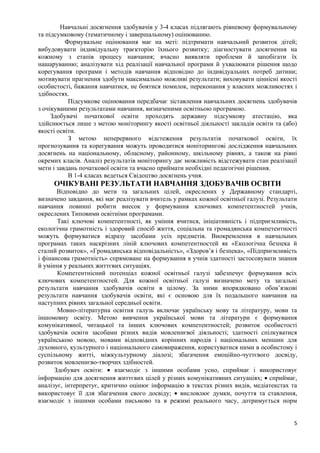 5
Навчальні досягнення здобувачів у 3-4 класах підлягають рівневому формувальному
та підсумковому (тематичному і завершальному) оцінюванню.
Формувальне оцінювання має на меті: підтримати навчальний розвиток дітей;
вибудовувати індивідуальну траєкторію їхнього розвитку; діагностувати досягнення на
кожному з етапів процесу навчання; вчасно виявляти проблеми й запобігати їх
нашаруванню; аналізувати хід реалізації навчальної програми й ухвалювати рішення щодо
корегування програми і методів навчання відповідно до індивідуальних потреб дитини;
мотивувати прагнення здобути максимально можливі результати; виховувати ціннісні якості
особистості, бажання навчатися, не боятися помилок, переконання у власних можливостях і
здібностях.
Підсумкове оцінювання передбачає зіставлення навчальних досягнень здобувачів
з очікуваними результатами навчання, визначеними освітньою програмою.
Здобувачі початкової освіти проходять державну підсумкову атестацію, яка
здійснюється лише з метою моніторингу якості освітньої діяльності закладів освіти та (або)
якості освіти.
З метою неперервного відстеження результатів початкової освіти, їх
прогнозування та корегування можуть проводитися моніторингові дослідження навчальних
досягнень на національному, обласному, районному, шкільному рівнях, а також на рівні
окремих класів. Аналіз результатів моніторингу дає можливість відстежувати стан реалізації
мети і завдань початкової освіти та вчасно приймати необхідні педагогічні рішення.
В 1-4 класах ведеться Свідоцтво досягнень учня.
ОЧІКУВАНІ РЕЗУЛЬТАТИ НАВЧАННЯ ЗДОБУВАЧІВ ОСВІТИ
Відповідно до мети та загальних цілей, окреслених у Державному стандарті,
визначено завдання, які має реалізувати вчитель у рамках кожної освітньої галузі. Результати
навчання повинні робити внесок у формування ключових компетентностей учнів,
окреслених Типовими освітніми програмами.
Такі ключові компетентності, як уміння вчитися, ініціативність і підприємливість,
екологічна грамотність і здоровий спосіб життя, соціальна та громадянська компетентності
можуть формуватися відразу засобами усіх предметів. Виокремлення в навчальних
програмах таких наскрізних ліній ключових компетентностей як «Екологічна безпека й
сталий розвиток», «Громадянська відповідальність», «Здоров’я і безпека», «Підприємливість
і фінансова грамотність» спрямоване на формування в учнів здатності застосовувати знання
й уміння у реальних життєвих ситуаціях.
Компетентнісний потенціал кожної освітньої галузі забезпечує формування всіх
ключових компетентностей. Для кожної освітньої галузі визначено мету та загальні
результати навчання здобувачів освіти в цілому. За ними впорядковано обов’язкові
результати навчання здобувачів освіти, які є основою для їх подальшого навчання на
наступних рівнях загальної середньої освіти.
Мовно-літературна освітня галузь включає українську мову та літературу, мови та
іншомовну освіту. Метою вивчення української мови та літератури є формування
комунікативної, читацької та інших ключових компетентностей; розвиток особистості
здобувачів освіти засобами різних видів мовленнєвої діяльності; здатності спілкуватися
українською мовою, мовами відповідних корінних народів і національних меншин для
духовного, культурного і національного самовираження, користуватися ними в особистому і
суспільному житті, міжкультурному діалозі; збагачення емоційно-чуттєвого досвіду,
розвиток мовленнєво-творчих здібностей.
Здобувач освіти: • взаємодіє з іншими особами усно, сприймає і використовує
інформацію для досягнення життєвих цілей у різних комунікативних ситуаціях; • сприймає,
аналізує, інтерпретує, критично оцінює інформацію в текстах різних видів, медіатекстах та
використовує її для збагачення свого досвіду; • висловлює думки, почуття та ставлення,
взаємодіє з іншими особами письмово та в режимі реального часу, дотримується норм
 