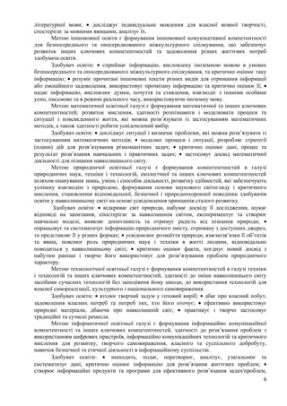 6
літературної мови; • досліджує індивідуальне мовлення для власної мовної творчості,
спостерігає за мовними явищами, аналізує їх.
Метою іншомовної освіти є формування іншомовної комунікативної компетентності
для безпосереднього та опосередкованого міжкультурного спілкування, що забезпечує
розвиток інших ключових компетентностей та задоволення різних життєвих потреб
здобувача освіти.
Здобувач освіти: • сприймає інформацію, висловлену іноземною мовою в умовах
безпосереднього та опосередкованого міжкультурного спілкування, та критично оцінює таку
інформацію; • розуміє прочитані іншомовні тексти різних видів для отримання інформації
або емоційного задоволення, використовує прочитану інформацію та критично оцінює її; •
надає інформацію, висловлює думки, почуття та ставлення, взаємодіє з іншими особами
усно, письмово та в режимі реального часу, використовуючи іноземну мову.
Метою математичної освітньої галузі є формування математичної та інших ключових
компетентностей; розвиток мислення, здатності розпізнавати і моделювати процеси та
ситуації з повсякденного життя, які можна розв’язувати із застосуванням математичних
методів, а також здатності робити усвідомлений вибір.
Здобувач освіти: • досліджує ситуації і визначає проблеми, які можна розв’язувати із
застосуванням математичних методів; • моделює процеси і ситуації, розробляє стратегії
(плани) дій для розв’язування різноманітних задач; • критично оцінює дані, процес та
результат розв’язання навчальних і практичних задач; • застосовує досвід математичної
діяльності для пізнання навколишнього світу.
Метою природничої освітньої галузі є формування компетентностей в галузі
природничих наук, техніки і технологій, екологічної та інших ключових компетентностей
шляхом опанування знань, умінь і способів діяльності, розвитку здібностей, які забезпечують
успішну взаємодію з природою, формування основи наукового світогляду і критичного
мислення, становлення відповідальної, безпечної і природоохоронної поведінки здобувачів
освіти у навколишньому світі на основі усвідомлення принципів сталого розвитку.
Здобувач освіти: • відкриває світ природи, набуває досвіду її дослідження, шукає
відповіді на запитання, спостерігає за навколишнім світом, експериментує та створює
навчальні моделі, виявляє допитливість та отримує радість від пізнання природи; •
опрацьовує та систематизує інформацію природничого змісту, отриману з доступних джерел,
та представляє її у різних формах; • усвідомлює розмаїття природи, взаємозв’язки її об’єктів
та явищ, пояснює роль природничих наук і техніки в житті людини, відповідально
поводиться у навколишньому світі; • критично оцінює факти, поєднує новий досвід з
набутим раніше і творчо його використовує для розв’язування проблем природничого
характеру.
Метою технологічної освітньої галузі є формування компетентностей в галузі техніки
і технологій та інших ключових компетентностей, здатності до зміни навколишнього світу
засобами сучасних технологій без заподіяння йому шкоди, до використання технологій для
власної самореалізації, культурного і національного самовираження.
Здобувач освіти: • втілює творчий задум у готовий виріб; • дбає про власний побут,
задоволення власних потреб та потреб тих, хто його оточує; • ефективно використовує
природні матеріали, дбаючи про навколишній світ; • практикує і творчо застосовує
традиційні та сучасні ремесла.
Метою інформатичної освітньої галузі є формування інформаційно комунікаційної
компетентності та інших ключових компетентностей, здатності до розв’язання проблем з
використанням цифрових пристроїв, інформаційно комунікаційних технологій та критичного
мислення для розвитку, творчого самовираження, власного та суспільного добробуту,
навичок безпечної та етичної діяльності в інформаційному суспільстві.
Здобувач освіти: • знаходить, подає, перетворює, аналізує, узагальнює та
систематизує дані, критично оцінює інформацію для розв’язання життєвих проблем; •
створює інформаційні продукти та програми для ефективного розв’язання задач/проблем,
 