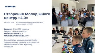 3
Бюджет: 2 360 000 гривень
Запуск: 14 березня 2024
Кількість подій: 90+
Кількість учасників: 2800+
Допомагаємо молоді розвивати себе і
Нововолинську громаду за допомогою
неформальної освіти, креативу і
інновацій.
Створення Молодіжного
центру «4.0»
листопад 2023 за співфінансування з Нововолинською
міською радою та UNICEF
 